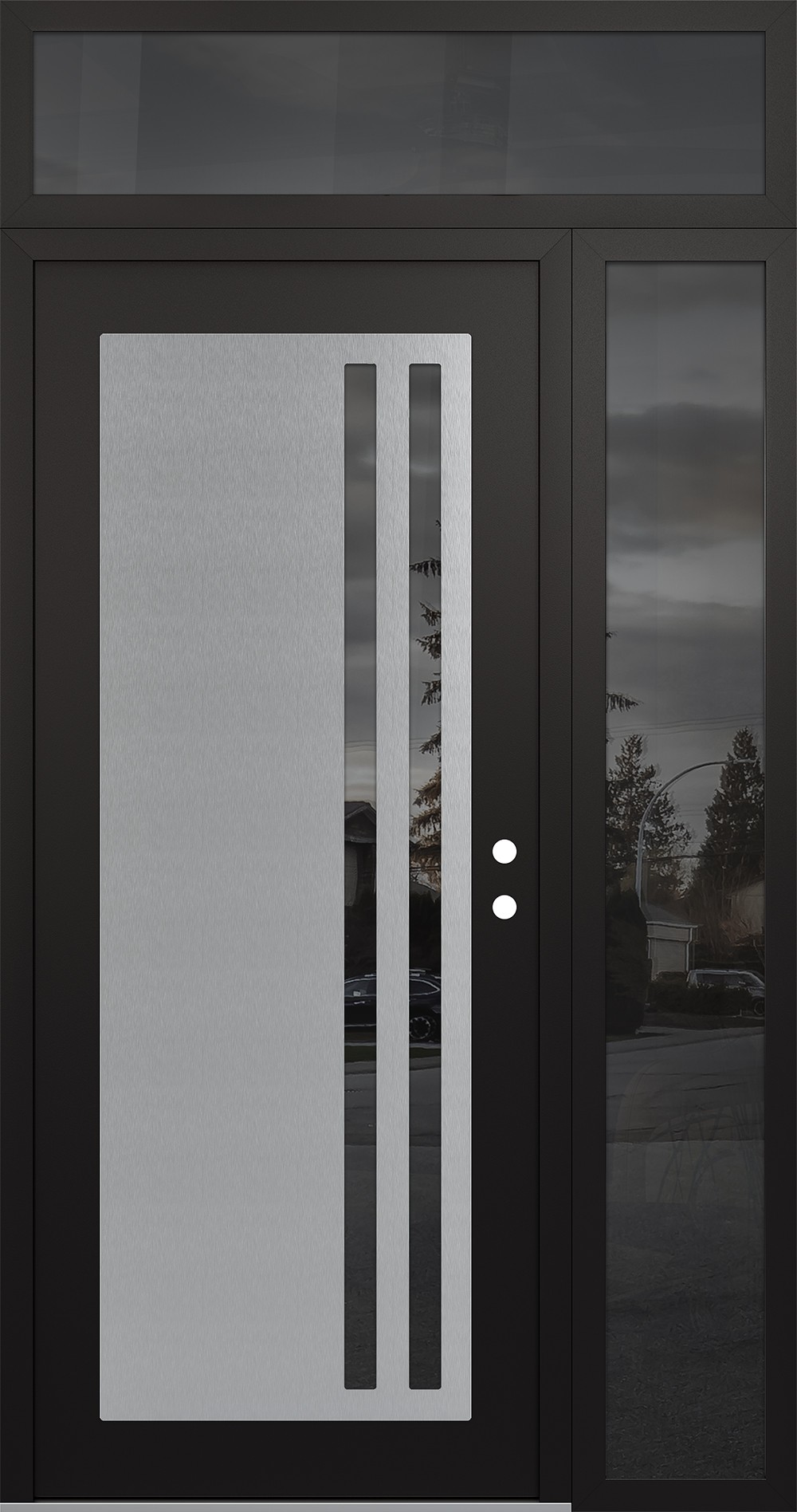 Modern Steel Front Door Diamond C6 50" x 96" black/black mirrored Glass Panel stainless steel LHI with Sidelite and Transom mirrored Glass