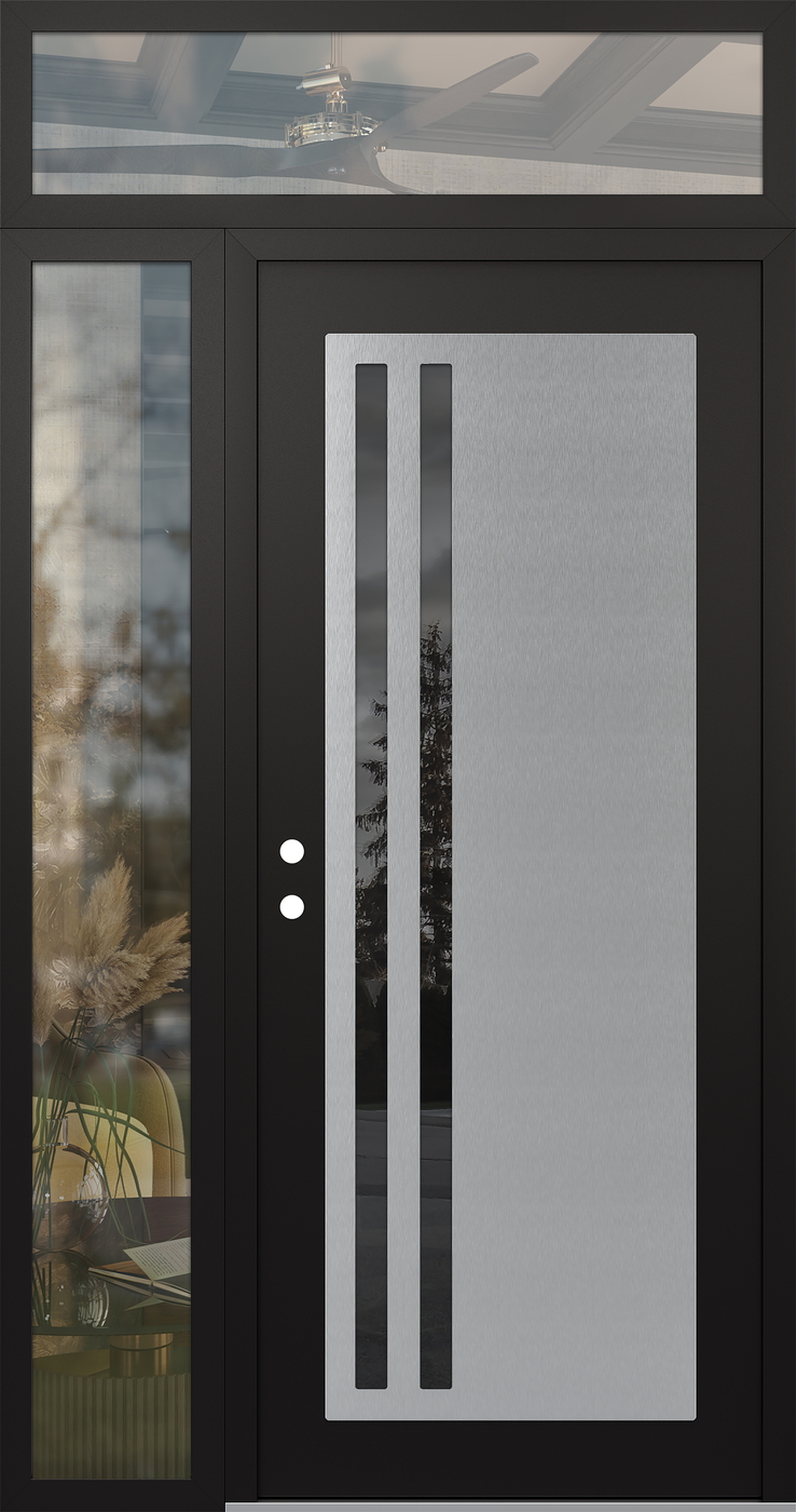 Modern Steel Front Door Diamond C6 50" x 96" black/black mirrored Glass Panel stainless steel RHI with Sidelite and Transom clear Glass