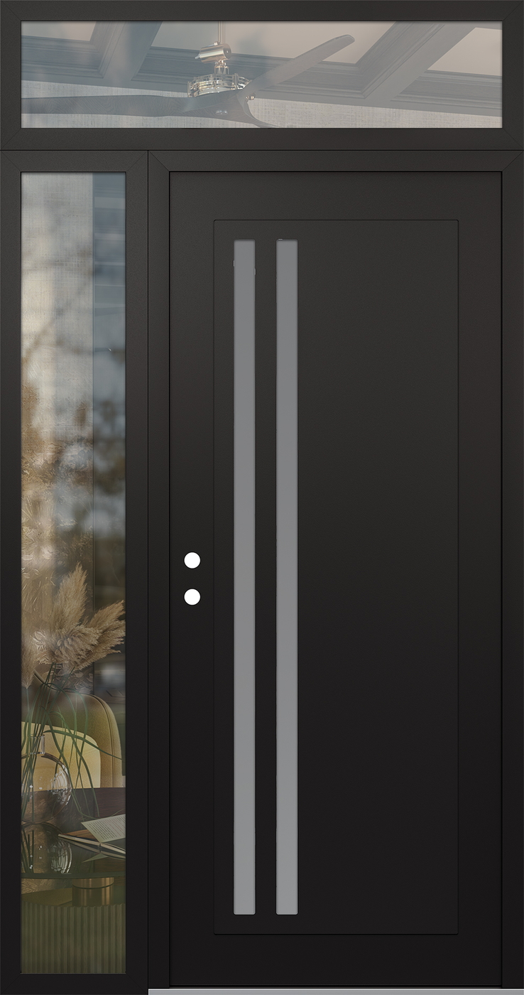 Modern Steel Front Door Diamond C6 50" x 96" black/white frosted Glass Panel black RHI with Sidelite and Transom clear Glass