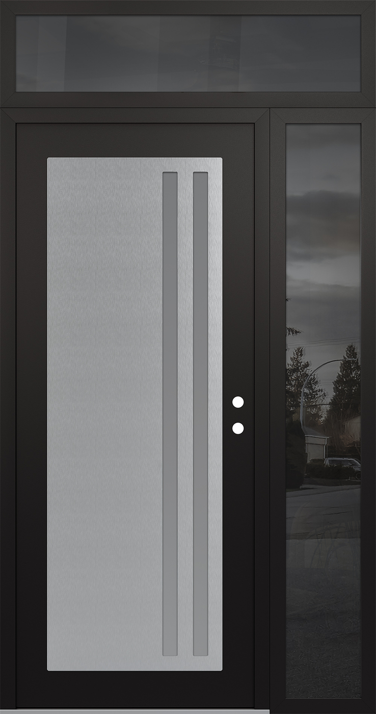Modern Steel Front Door Diamond C6 50" x 96" black/white frosted Glass Panel stainless steel LHI with Sidelite and Transom mirrored Glass