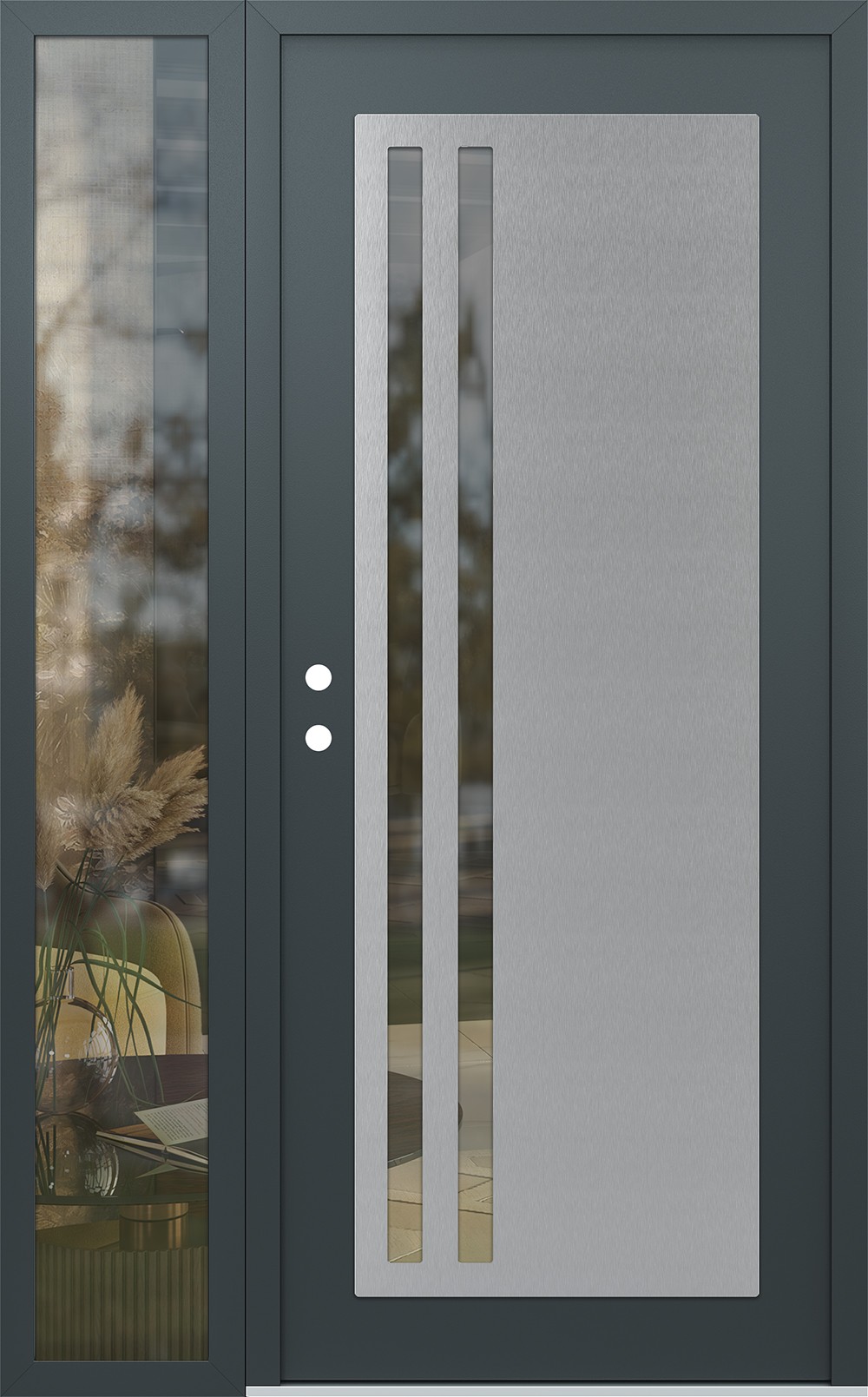 Modern Steel Front Door Diamond C6 52" x 80" anthracite/anthracite clear Glass Panel stainless steel RHI with Sidelite clear Glass