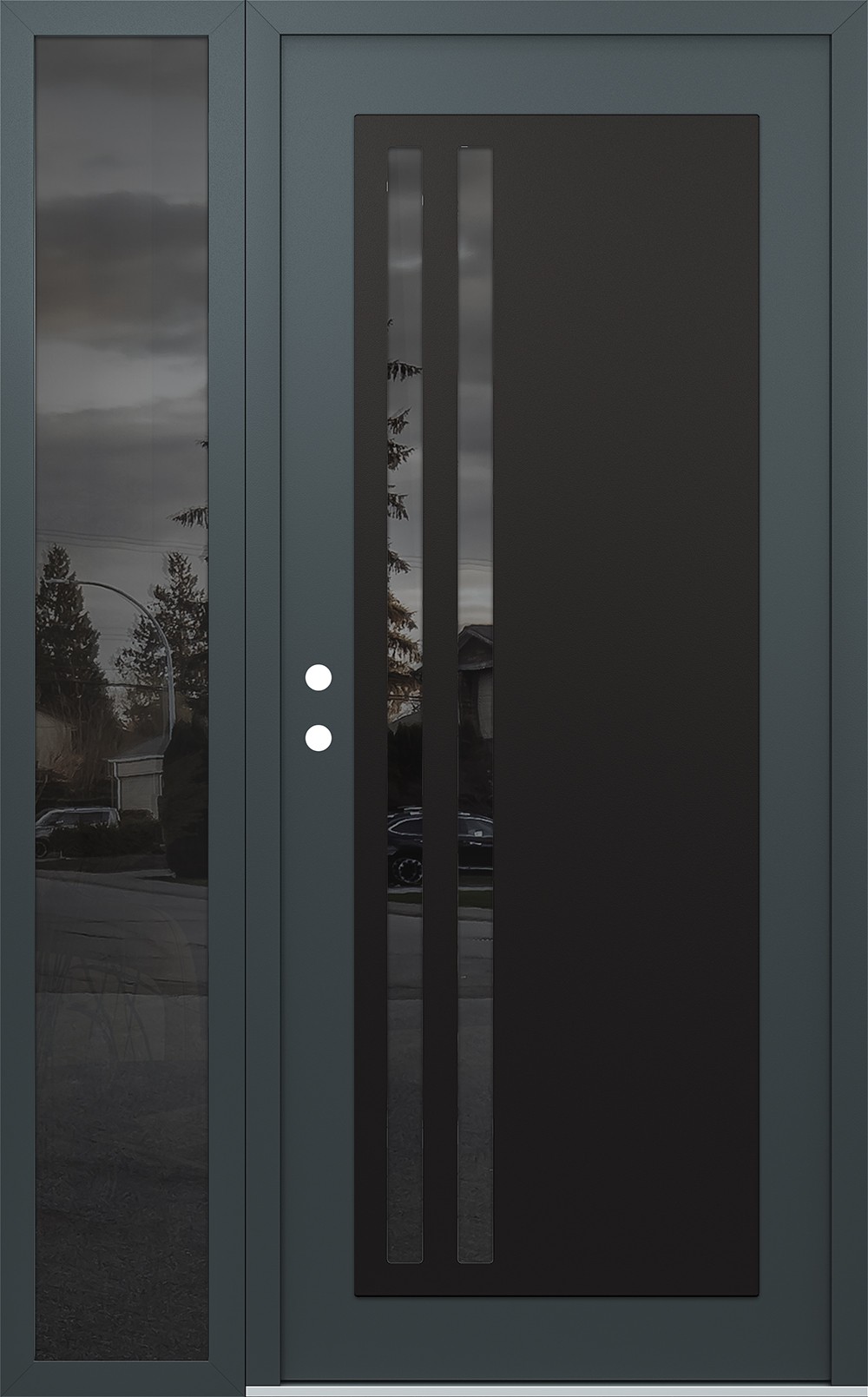 Modern Steel Front Door Diamond C6 52" x 80" anthracite/anthracite mirrored Glass Panel black RHI with Sidelite mirrored Glass