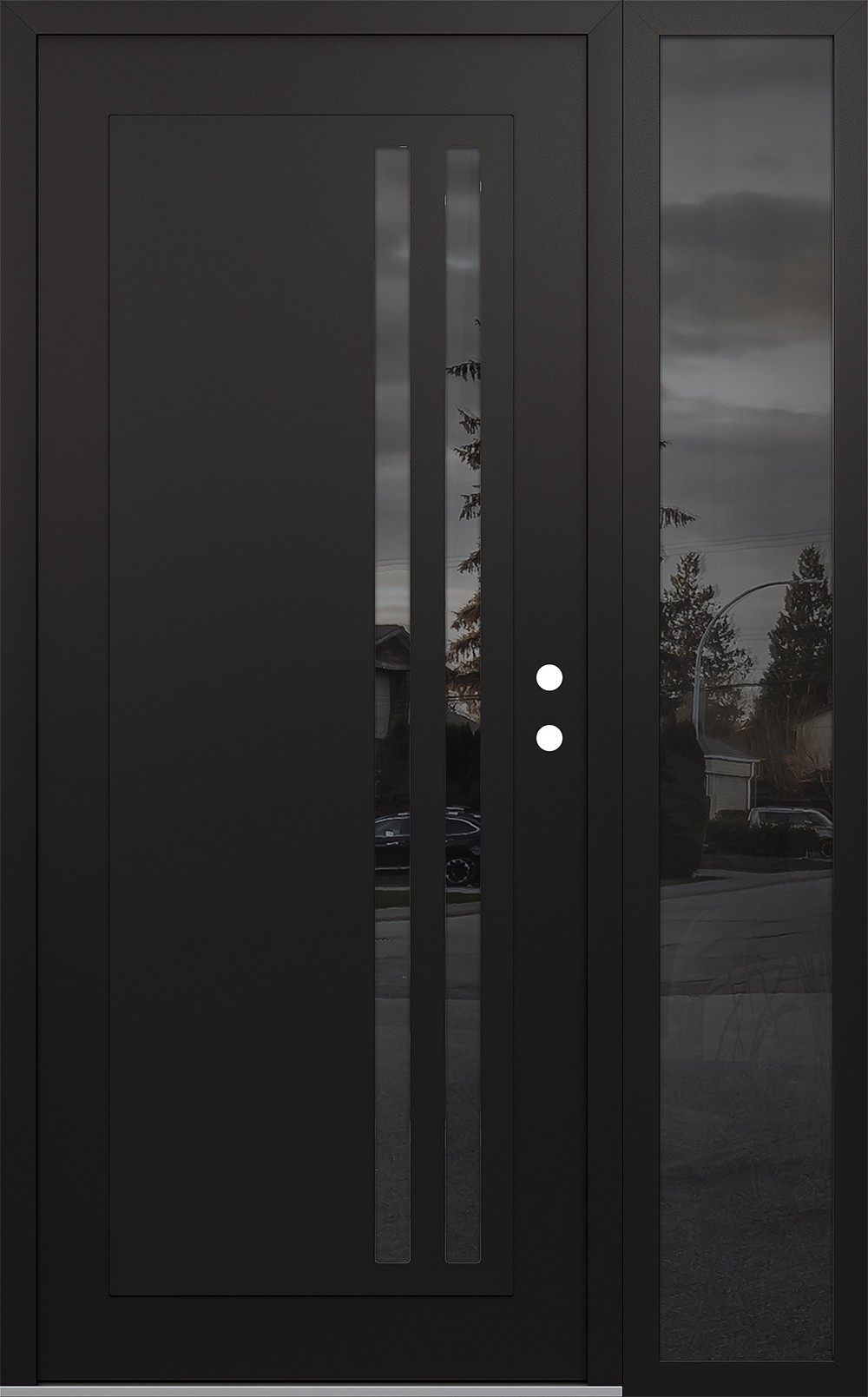 Modern Steel Front Door Diamond C6 52" x 80" black/black mirrored Glass Panel black LHI with Sidelite mirrored Glass