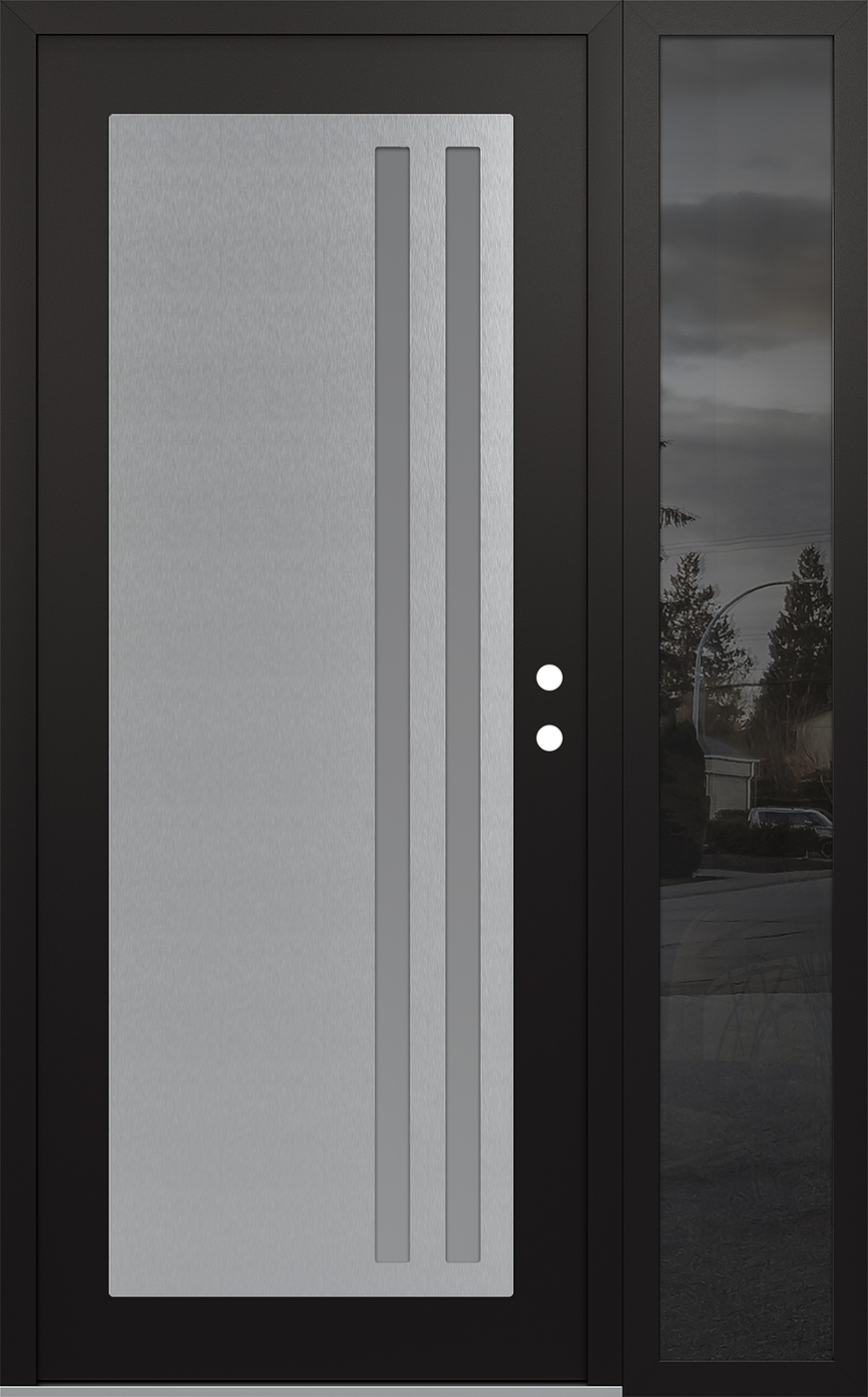 Modern Steel Front Door Diamond C6 52" x 80" black/white frosted Glass Panel stainless steel LHI with Sidelite mirrored Glass