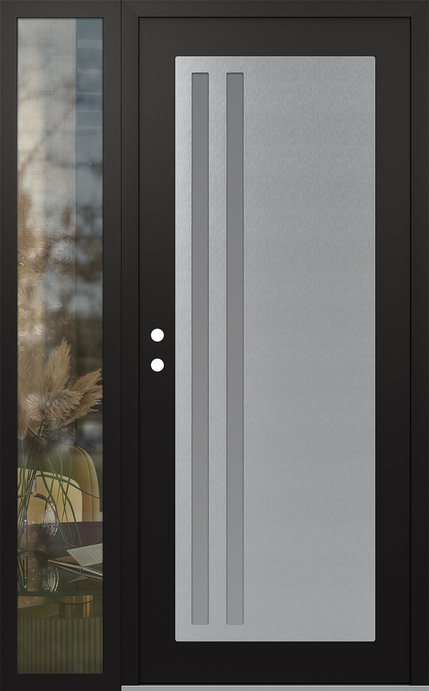 Modern Steel Front Door Diamond C6 52" x 80" black/white frosted Glass Panel stainless steel RHI with Sidelite clear Glass