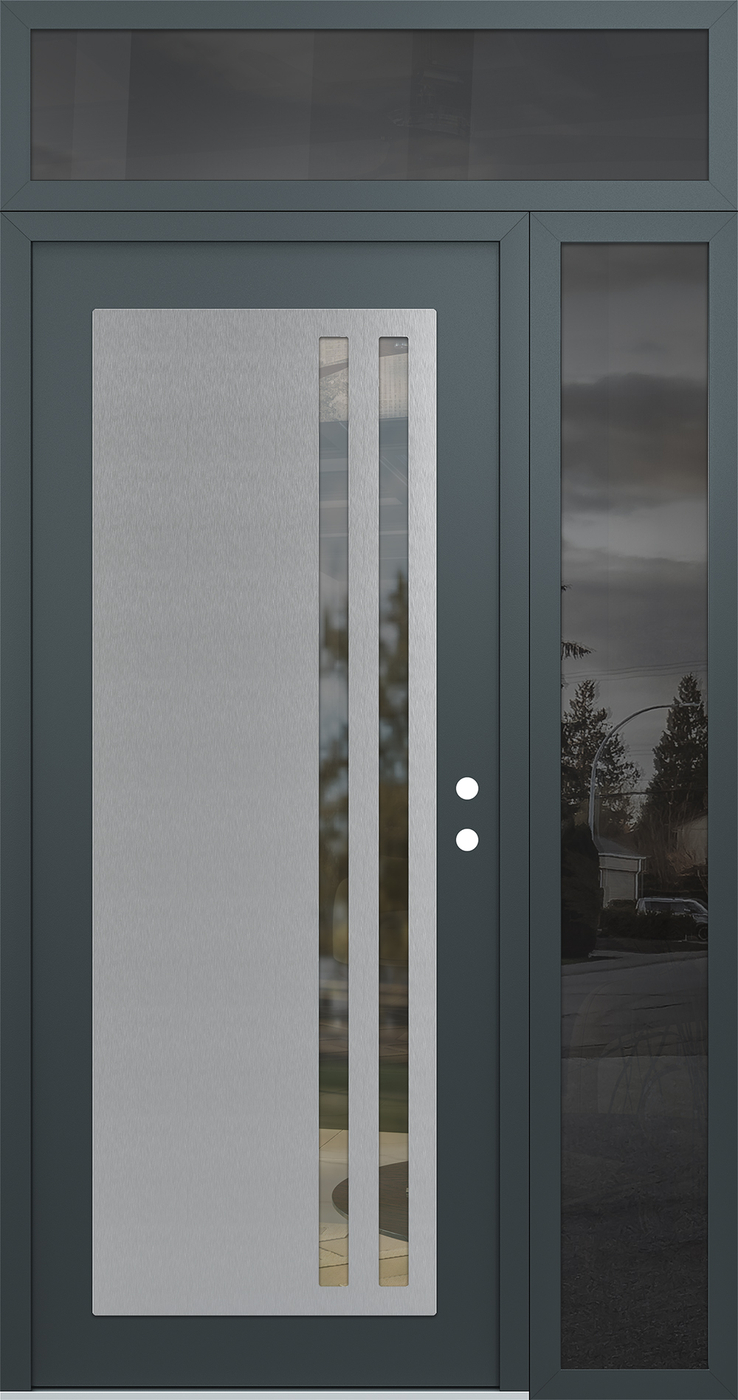 Modern Steel Front Door Diamond C6 52" x 96" anthracite/anthracite clear Glass Panel stainless steel LHI with Sidelite and Transom mirrored Glass