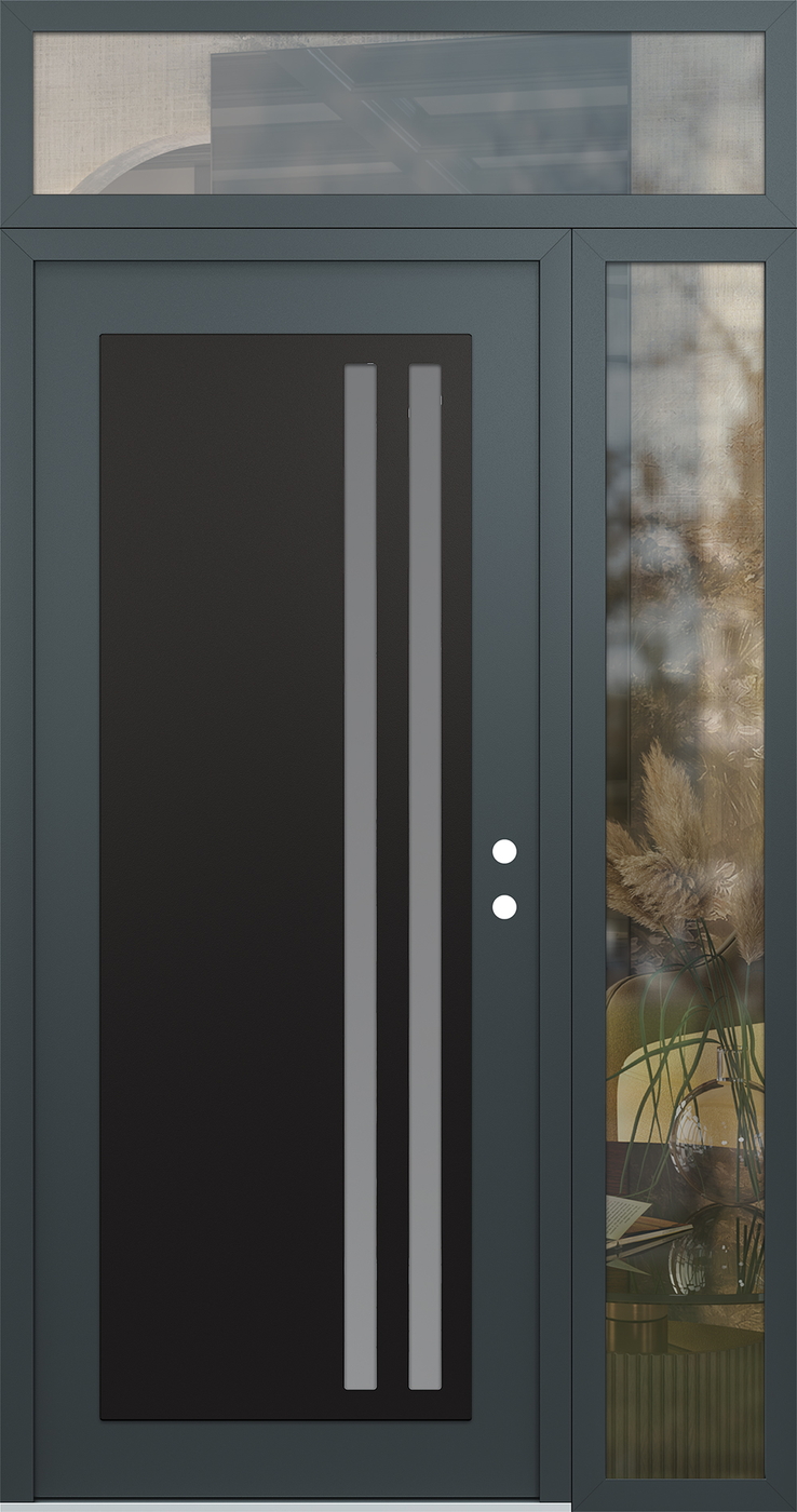 Modern Steel Front Door Diamond C6 52" x 96" anthracite/anthracite frosted Glass Panel black LHI with Sidelite and Transom clear Glass