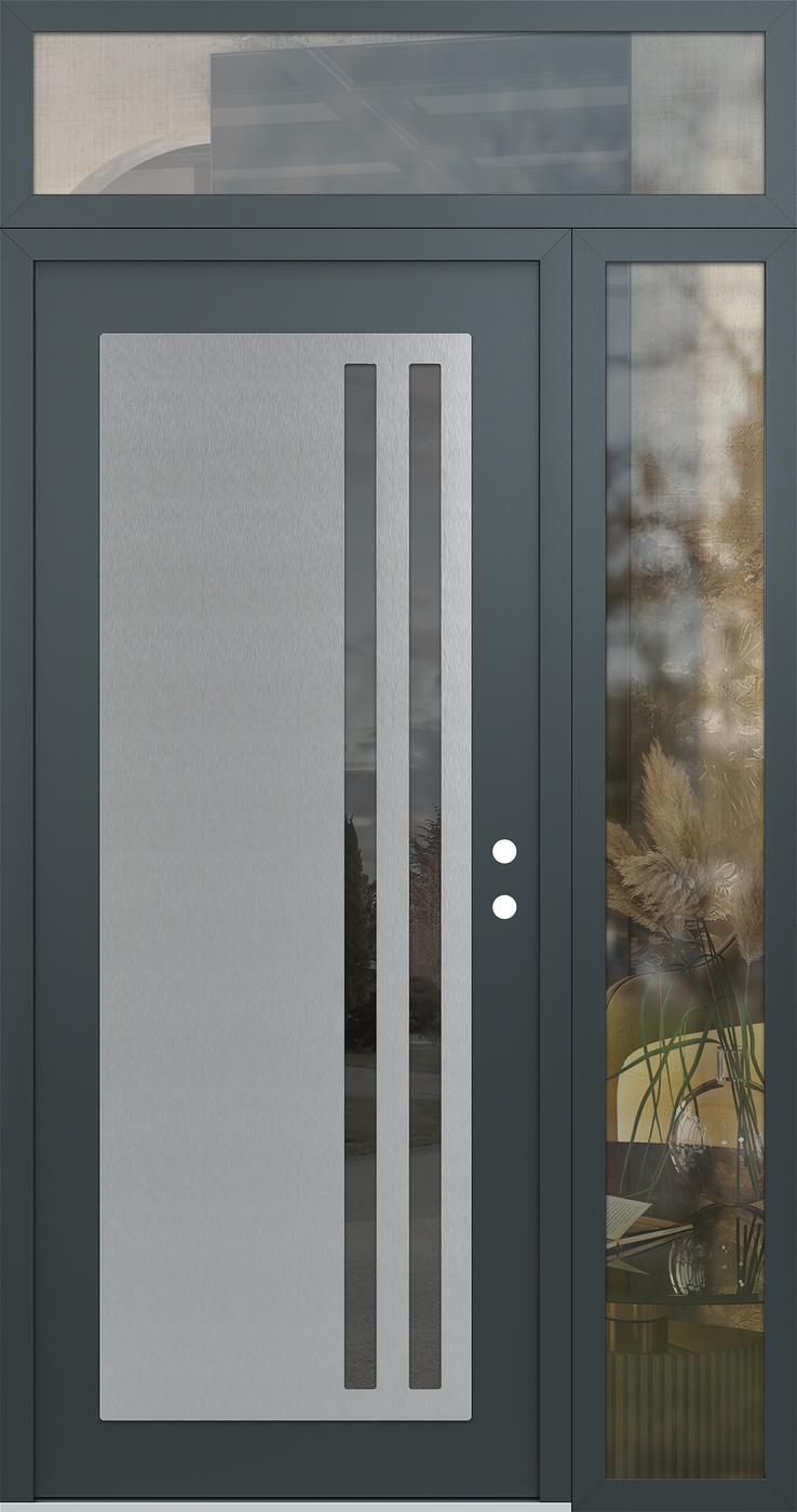 Modern Steel Front Door Diamond C6 52" x 96" anthracite/anthracite mirrored Glass Panel stainless steel LHI with Sidelite and Transom clear Glass