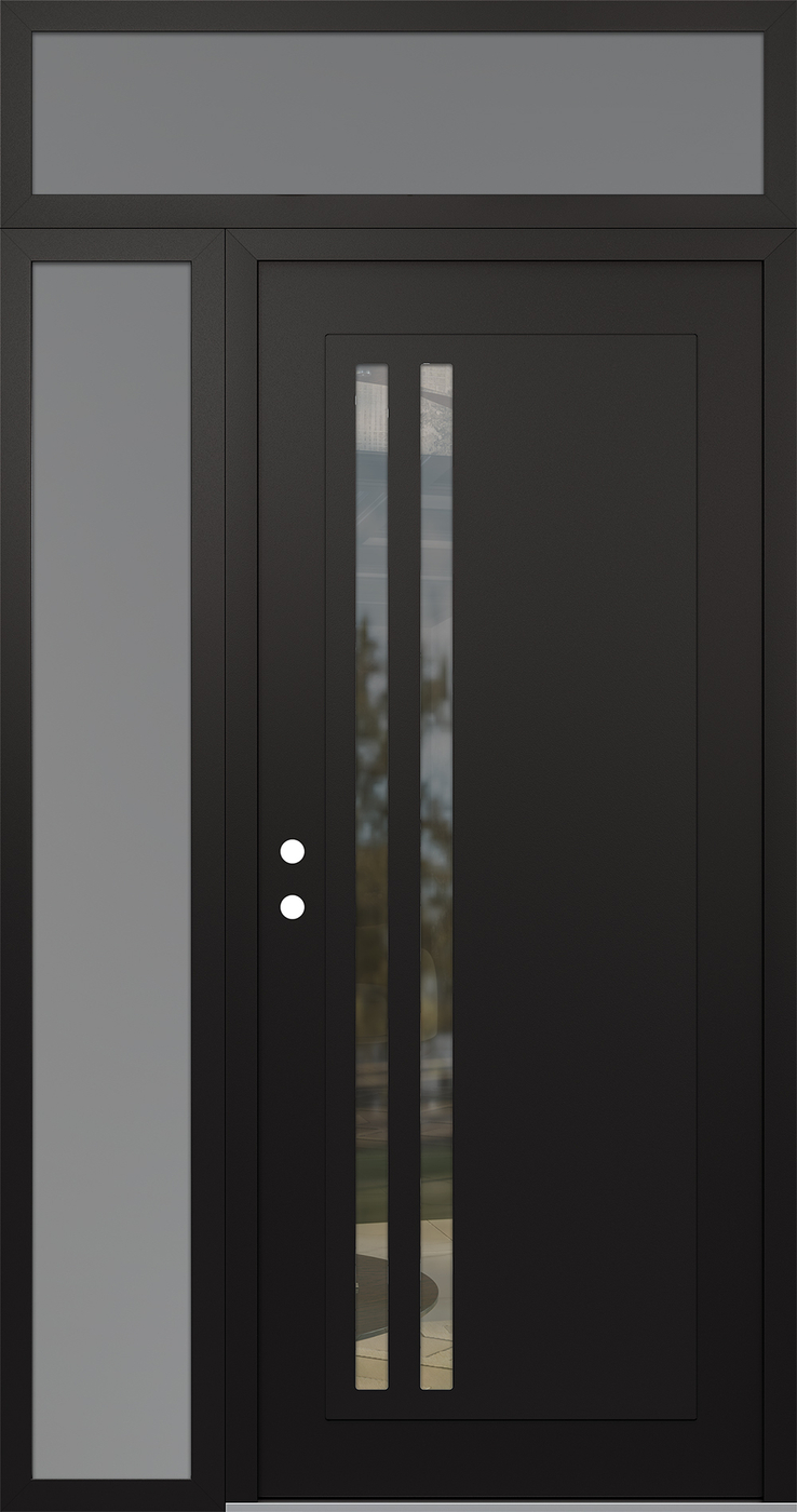 Modern Steel Front Door Diamond C6 52" x 96" black/black clear Glass Panel black RHI with Sidelite and Transom frosted Glass