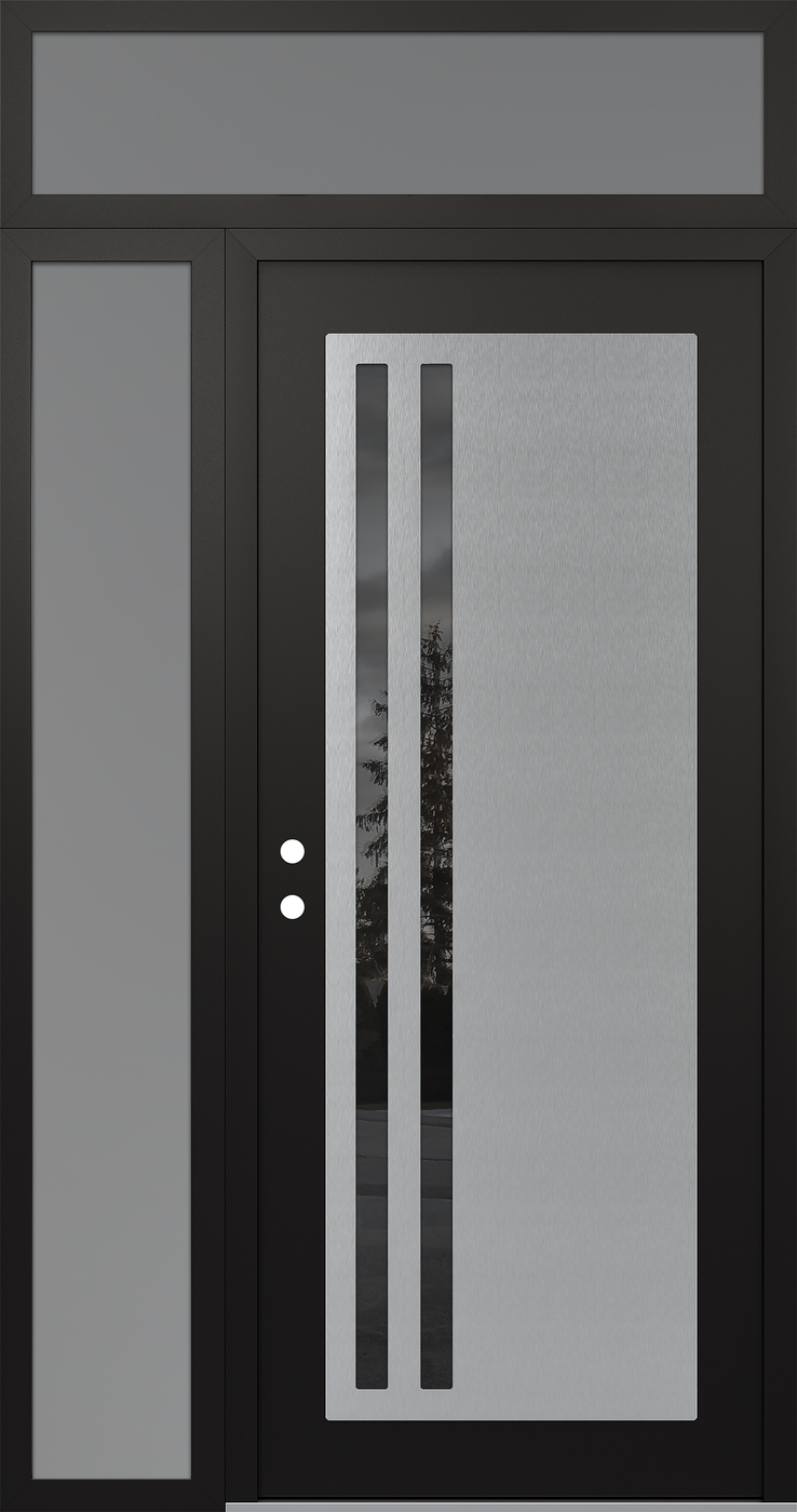 Modern Steel Front Door Diamond C6 52" x 96" black/black mirrored Glass Panel stainless steel RHI with Sidelite and Transom frosted Glass