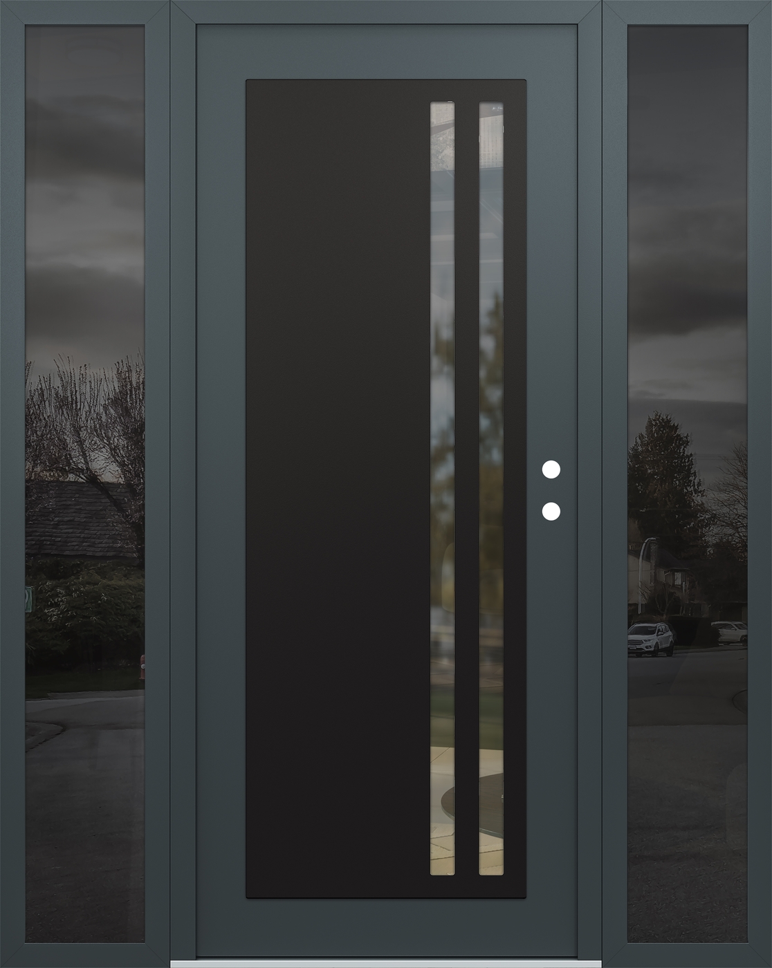 Modern Steel Front Door Diamond C6 60" x 80" anthracite/anthracite clear Glass Panel black LHI with 2 Sidelites mirrored Glass