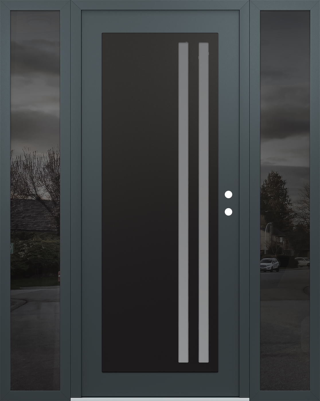 Modern Steel Front Door Diamond C6 60" x 80" anthracite/anthracite frosted Glass Panel black LHI with 2 Sidelites mirrored Glass