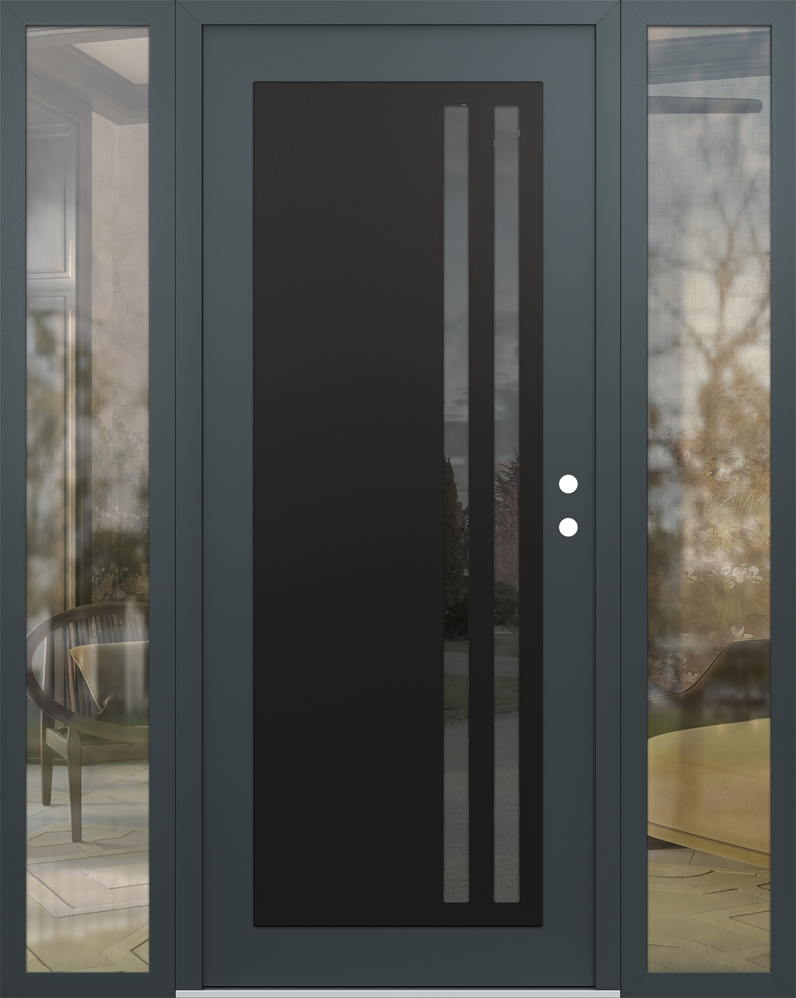 Modern Steel Front Door Diamond C6 60" x 80" anthracite/anthracite mirrored Glass Panel black LHI with 2 Sidelites clear Glass