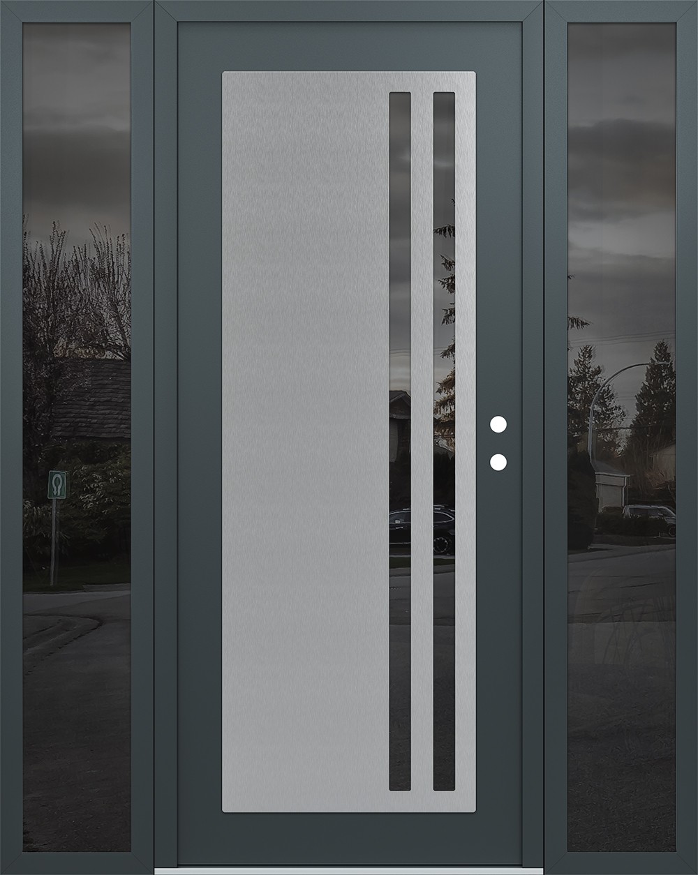 Modern Steel Front Door Diamond C6 60" x 80" anthracite/anthracite mirrored Glass Panel stainless steel LHI with 2 Sidelites mirrored Glass