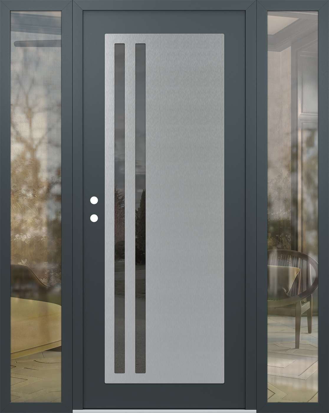 Modern Steel Front Door Diamond C6 60" x 80" anthracite/anthracite mirrored Glass Panel stainless steel RHI with 2 Sidelites clear Glass