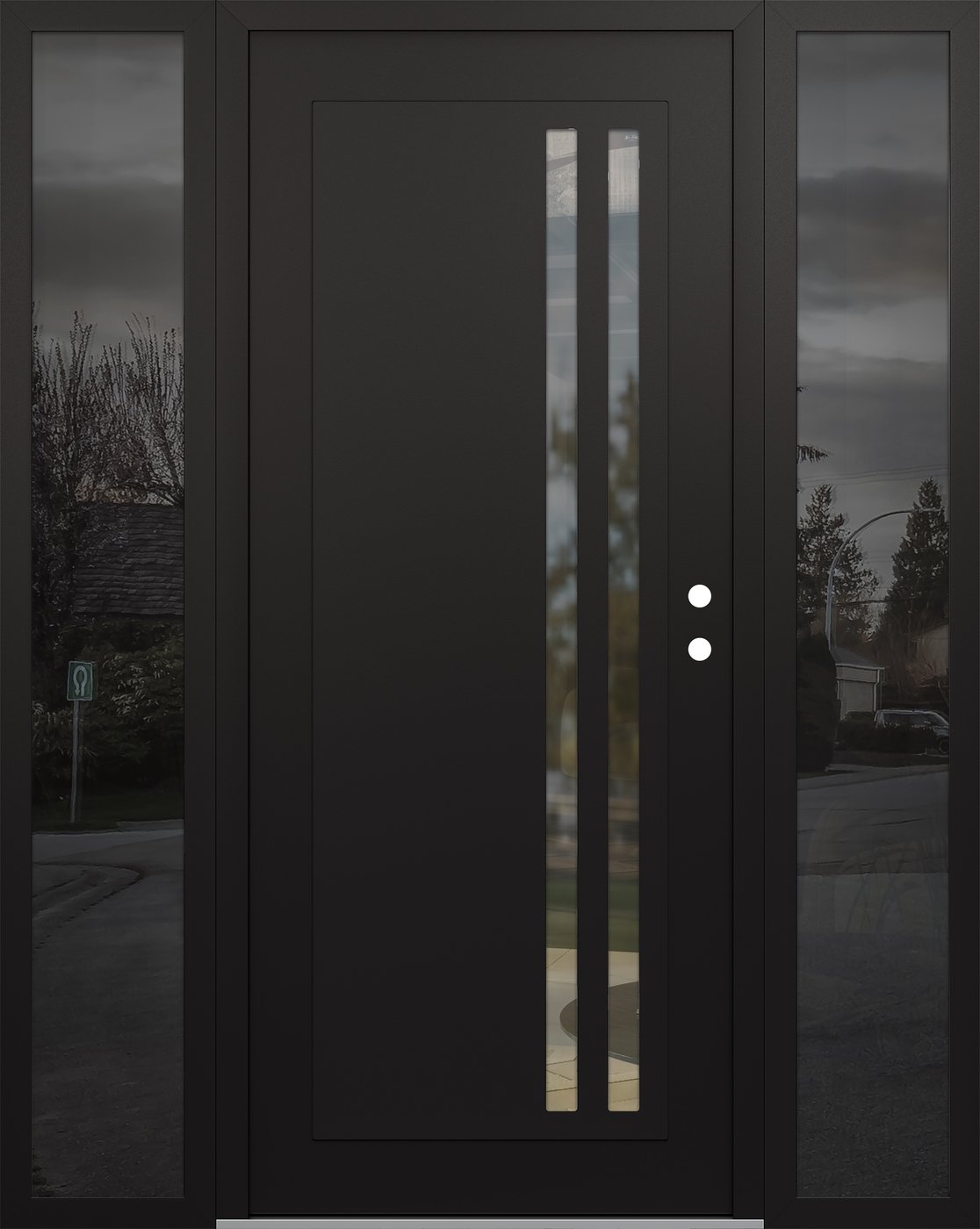 Modern Steel Front Door Diamond C6 60" x 80" black/black clear Glass Panel black LHI with 2 Sidelites mirrored Glass