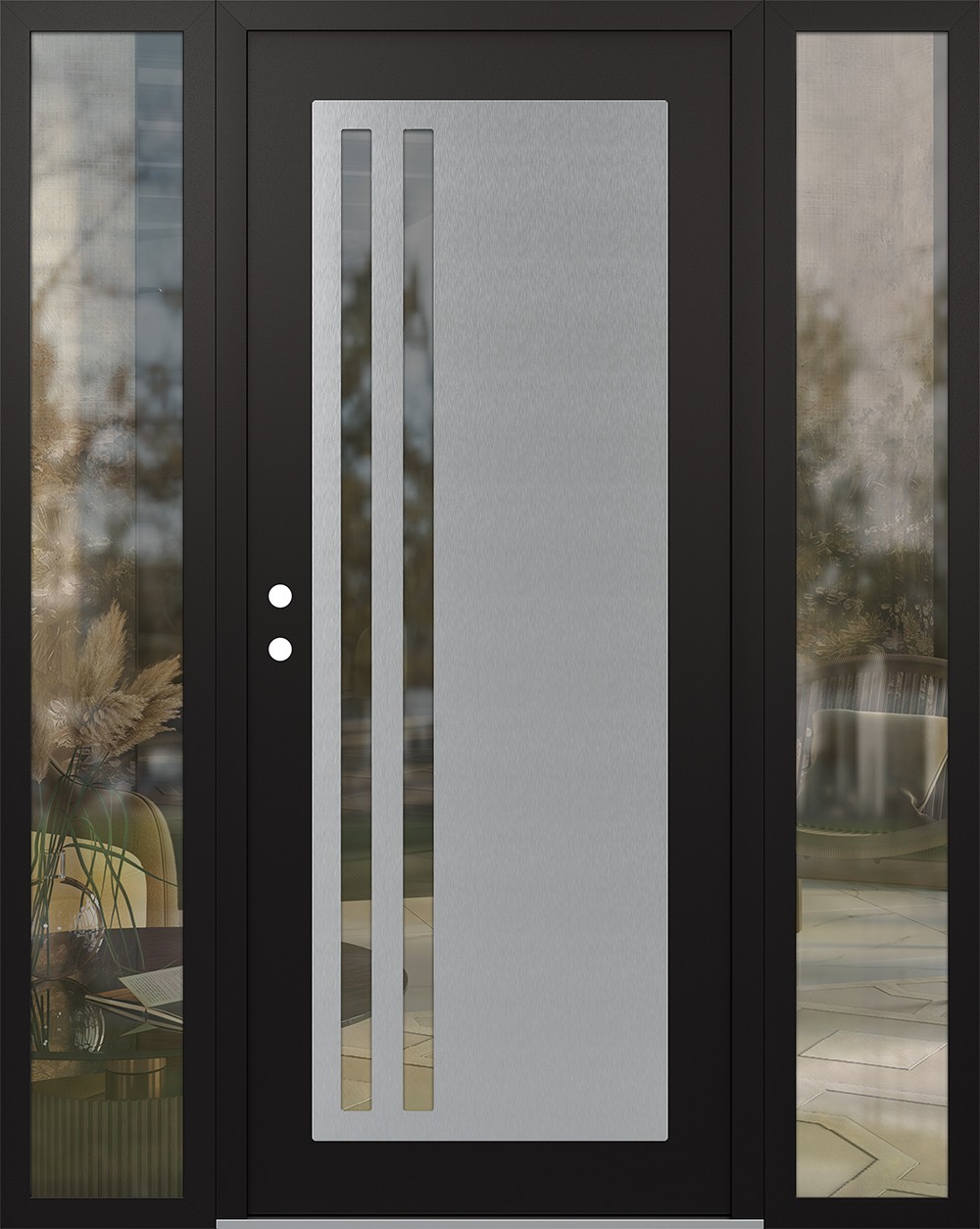 Modern Steel Front Door Diamond C6 60" x 80" black/black clear Glass Panel stainless steel RHI with 2 Sidelites clear Glass