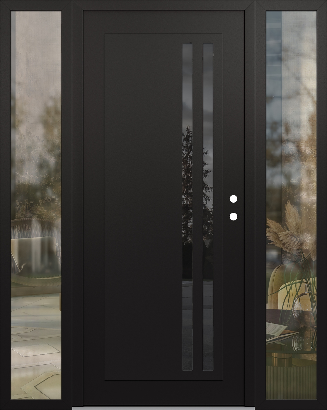 Modern Steel Front Door Diamond C6 60" x 80" black/black mirrored Glass Panel black LHI with 2 Sidelites clear Glass