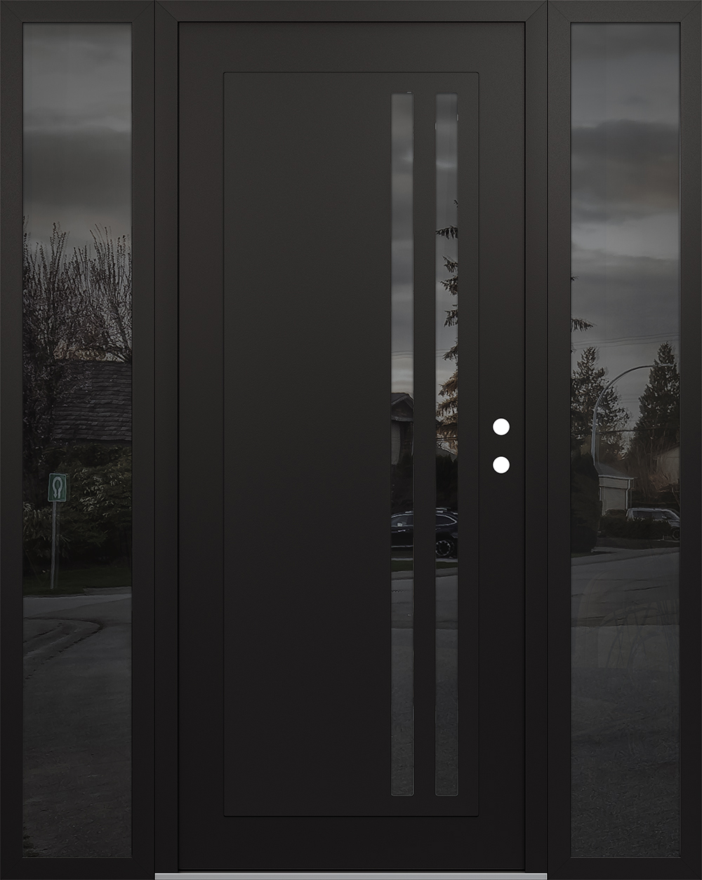 Modern Steel Front Door Diamond C6 60" x 80" black/black mirrored Glass Panel black LHI with 2 Sidelites mirrored Glass