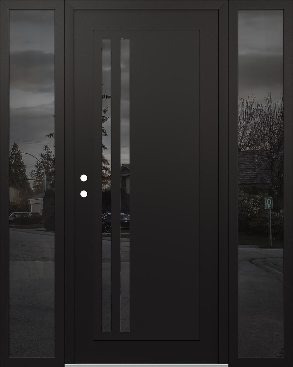 Modern Steel Front Door Diamond C6 60" x 80" black/black mirrored Glass Panel black RHI with 2 Sidelites mirrored Glass
