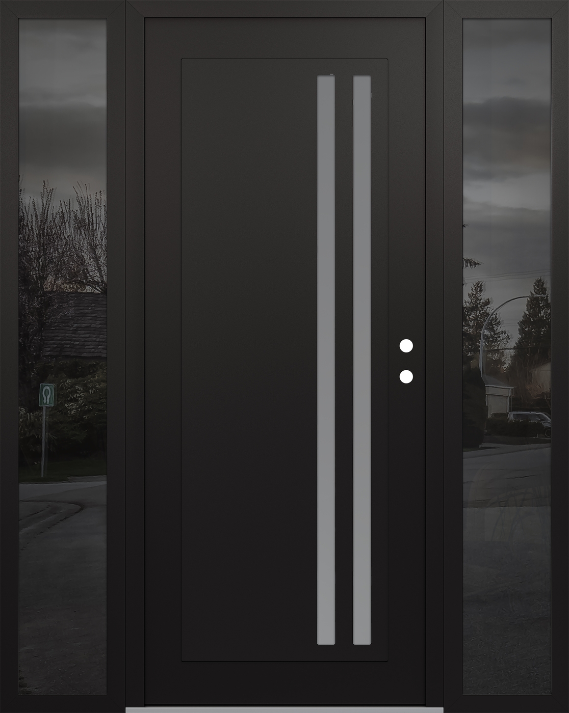 Modern Steel Front Door Diamond C6 60" x 80" black/white frosted Glass Panel black LHI with 2 Sidelites mirrored Glass