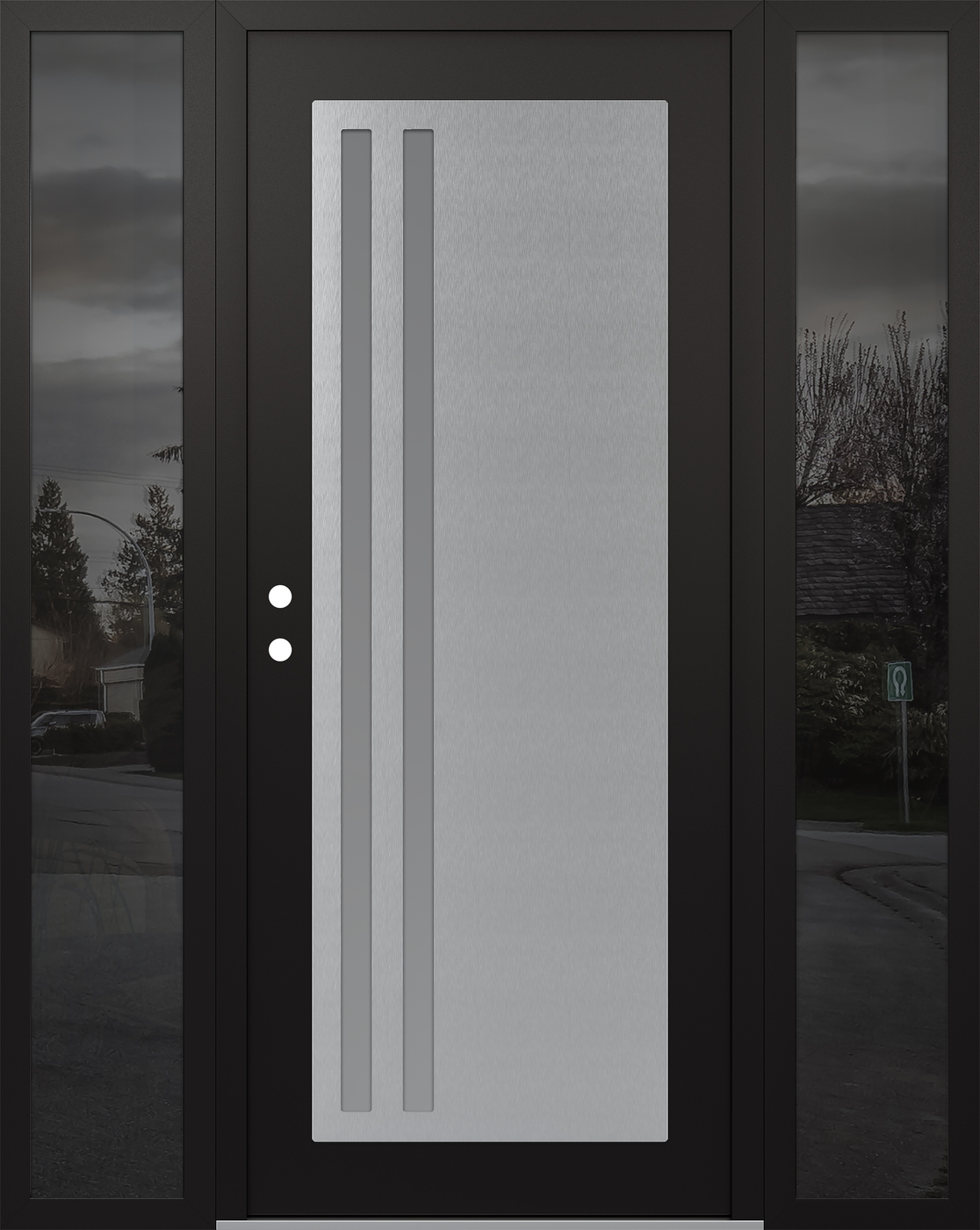 Modern Steel Front Door Diamond C6 60" x 80" black/white frosted Glass Panel stainless steel RHI with 2 Sidelites mirrored Glass