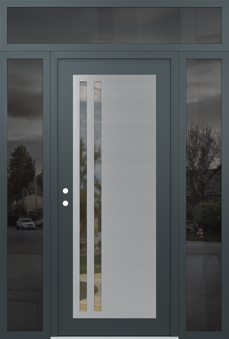 Modern Steel Front Door Diamond C6 60" x 96" anthracite/anthracite clear Glass Panel stainless steel RHI with 2 Sidelites and Transom mirrored Glass