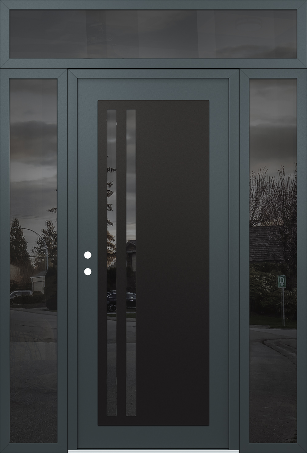 Modern Steel Front Door Diamond C6 60" x 96" anthracite/anthracite mirrored Glass Panel black RHI with 2 Sidelites and Transom mirrored Glass