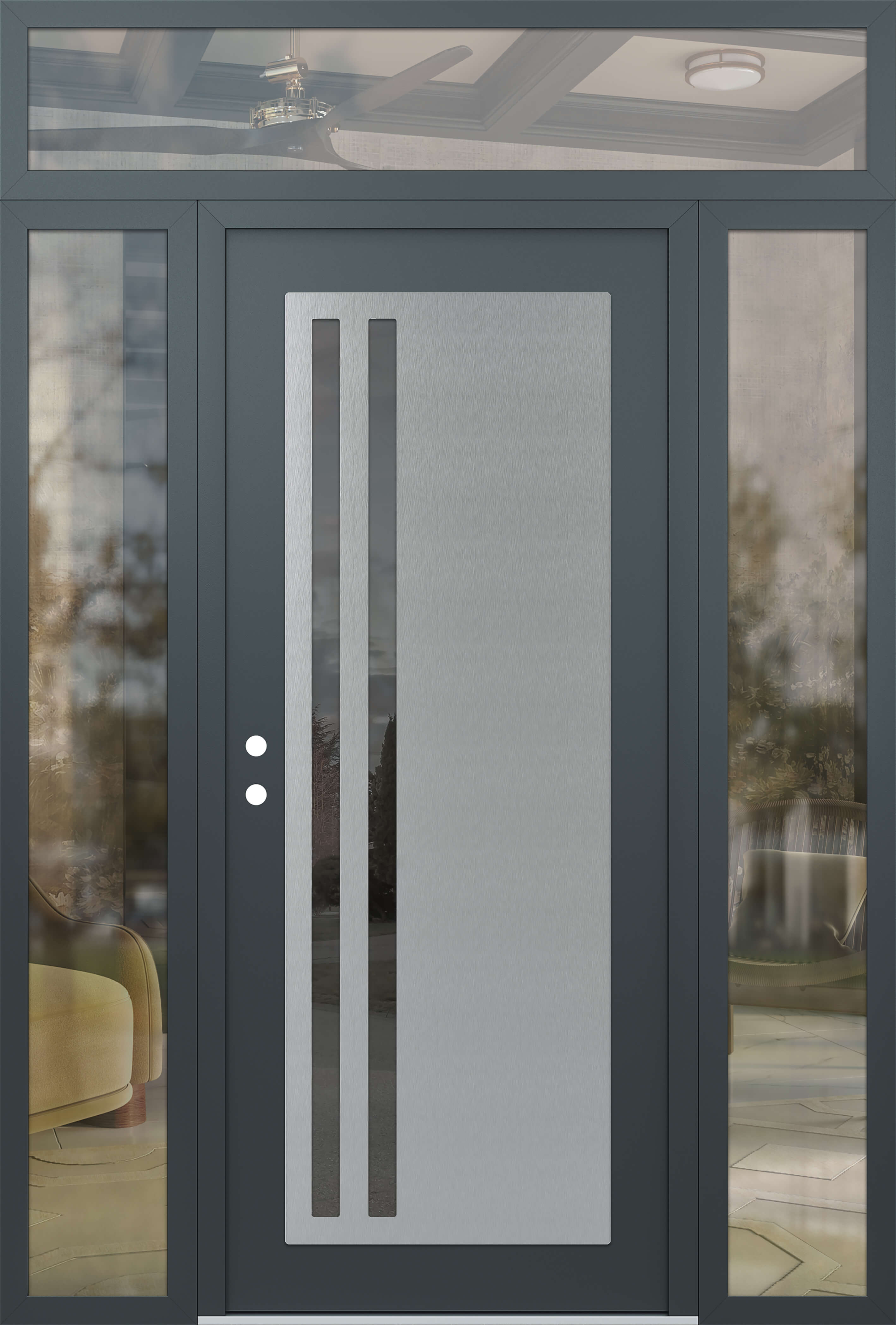 Modern Steel Front Door Diamond C6 60" x 96" anthracite/anthracite mirrored Glass Panel stainless steel RHI with 2 Sidelites and Transom clear Glass