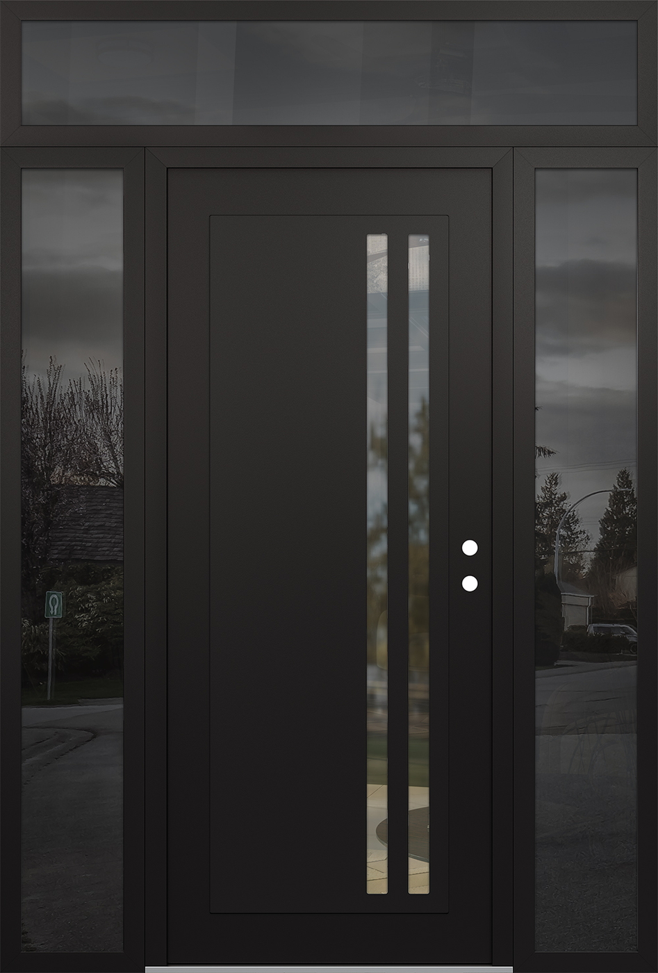 Modern Steel Front Door Diamond C6 60" x 96" black/black clear Glass Panel black LHI with 2 Sidelites and Transom mirrored Glass