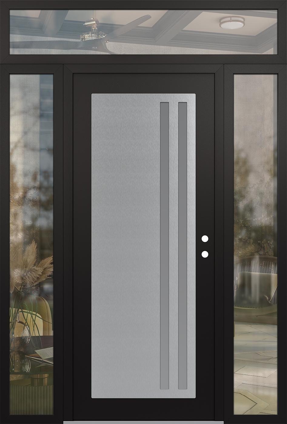 Modern Steel Front Door Diamond C6 60" x 96" black/white frosted Glass Panel stainless steel LHI with 2 Sidelites and Transom clear Glass