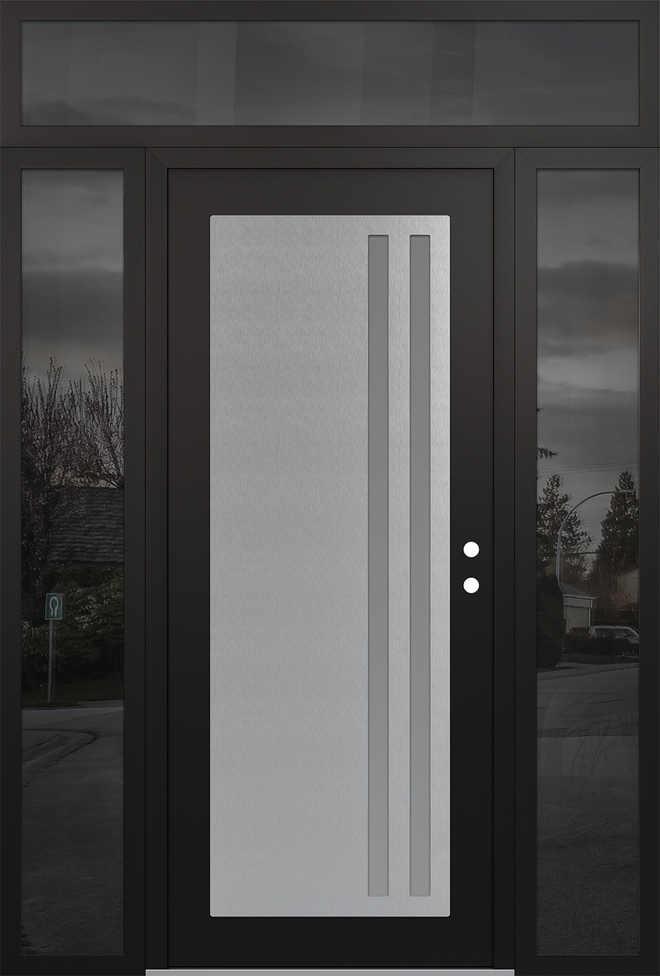 Modern Steel Front Door Diamond C6 60" x 96" black/white frosted Glass Panel stainless steel LHI with 2 Sidelites and Transom mirrored Glass