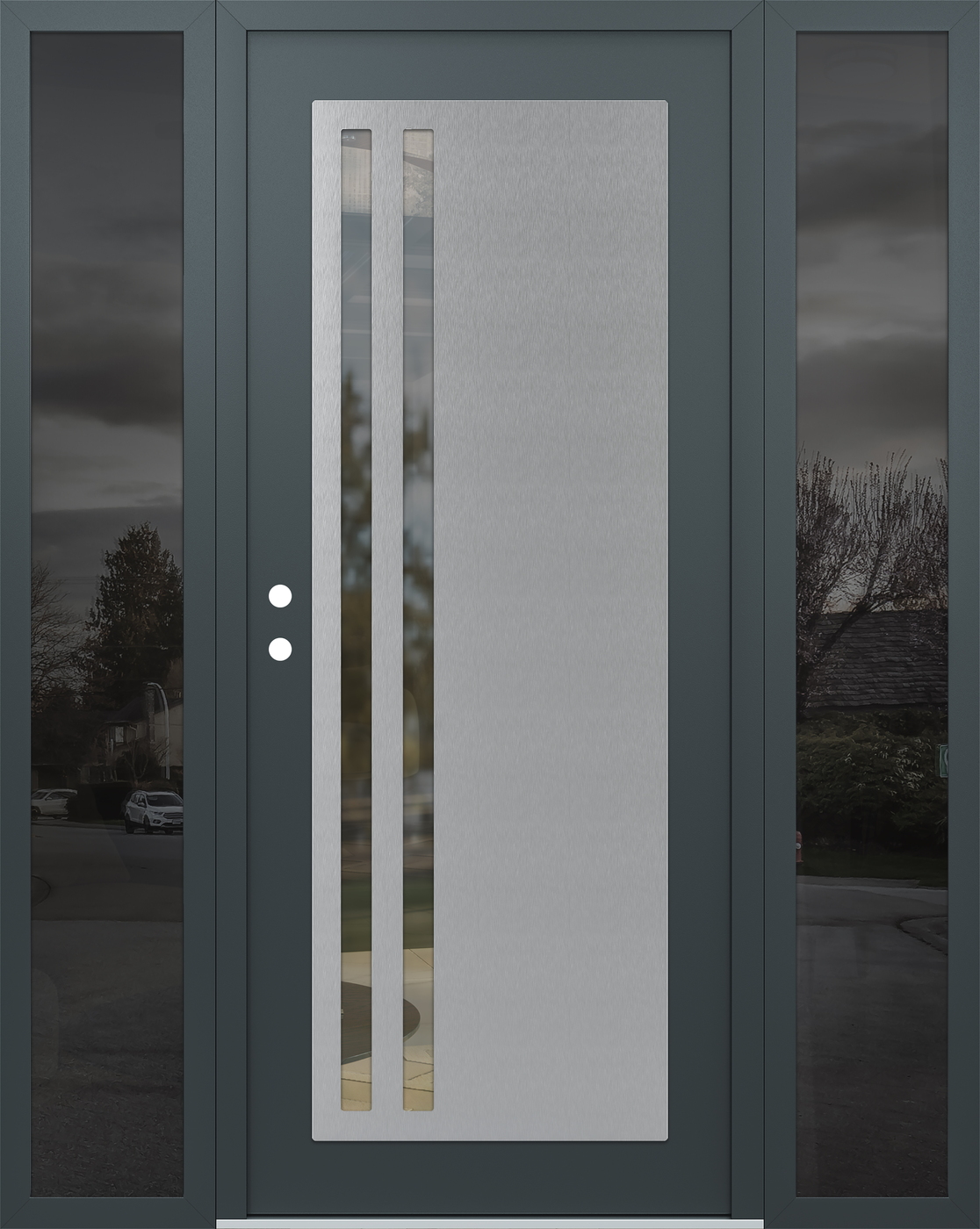 Modern Steel Front Door Diamond C6 64" x 80" anthracite/anthracite clear Glass Panel stainless steel RHI with 2 Sidelites mirrored Glass