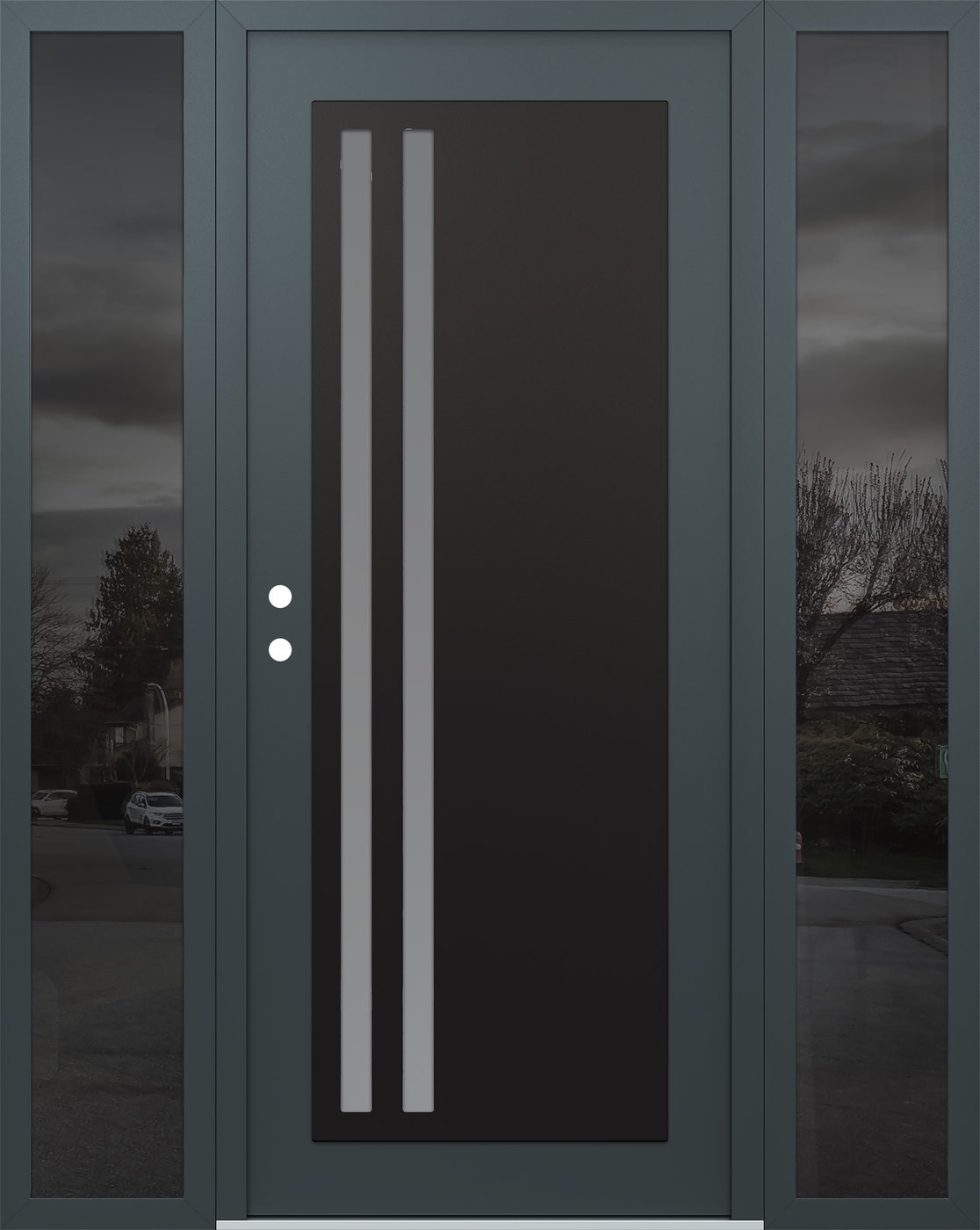 Modern Steel Front Door Diamond C6 64" x 80" anthracite/anthracite frosted Glass Panel black RHI with 2 Sidelites mirrored Glass