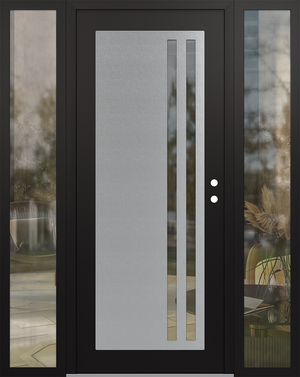 Modern Steel Front Door Diamond C6 64" x 80" black/black clear Glass Panel stainless steel LHI with 2 Sidelites clear Glass