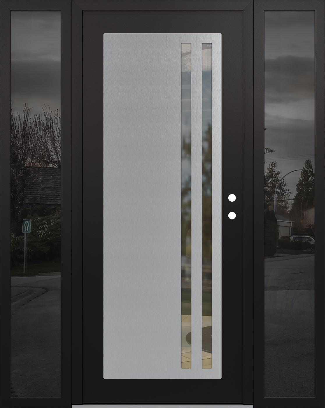 Modern Steel Front Door Diamond C6 64" x 80" black/black clear Glass Panel stainless steel LHI with 2 Sidelites mirrored Glass