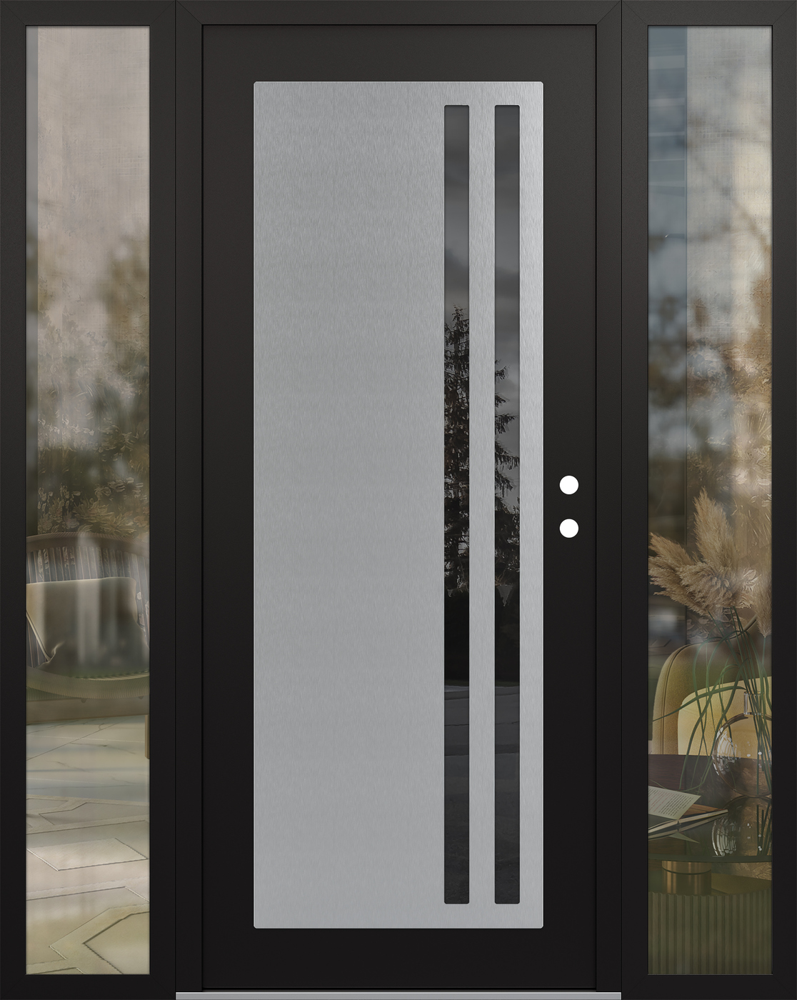 Modern Steel Front Door Diamond C6 64" x 80" black/black mirrored Glass Panel stainless steel LHI with 2 Sidelites clear Glass