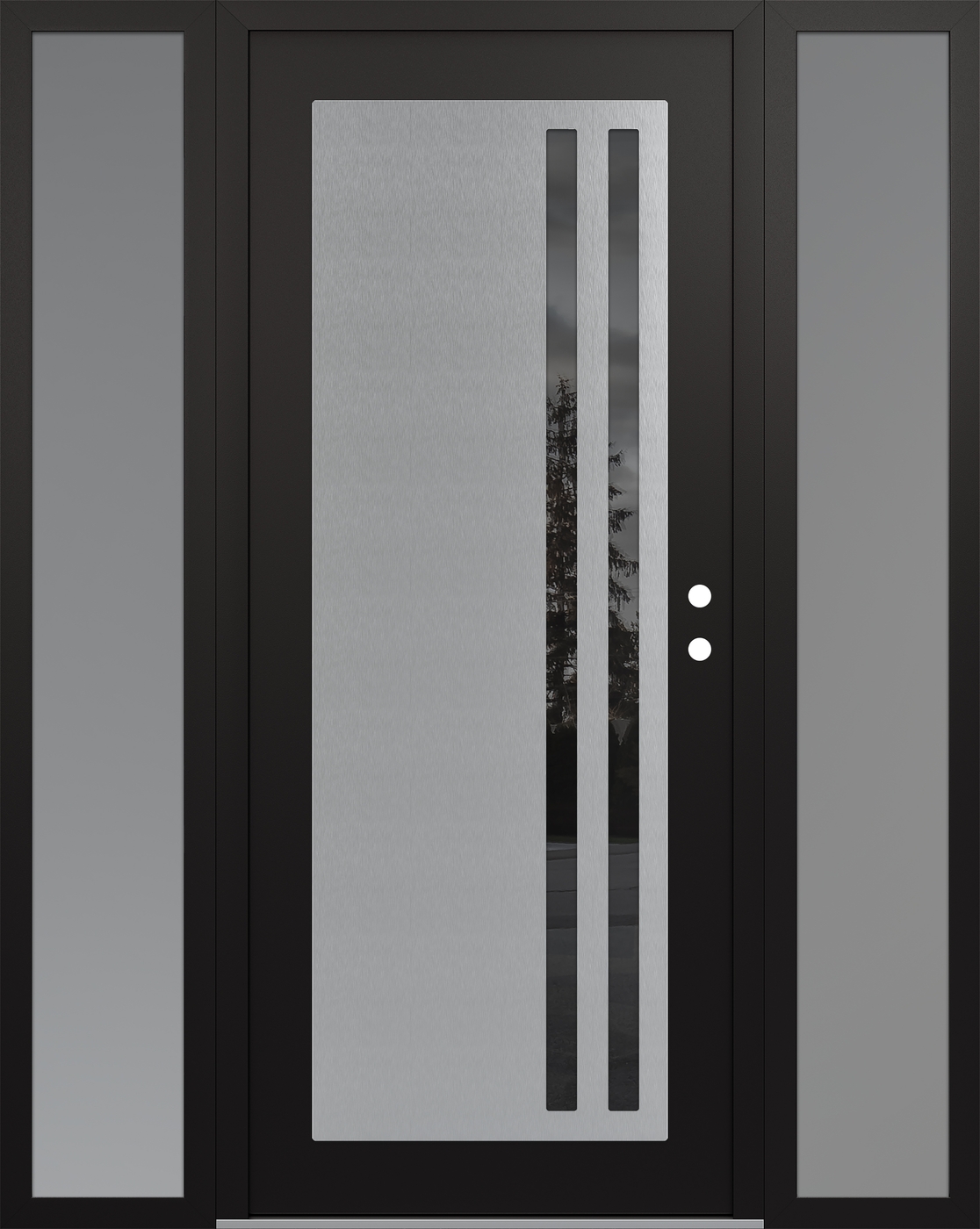 Modern Steel Front Door Diamond C6 64" x 80" black/black mirrored Glass Panel stainless steel LHI with 2 Sidelites frosted Glass