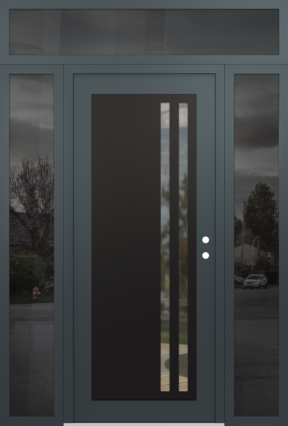 Modern Steel Front Door Diamond C6 64" x 96" anthracite/anthracite clear Glass Panel black LHI with 2 Sidelites and Transom mirrored Glass