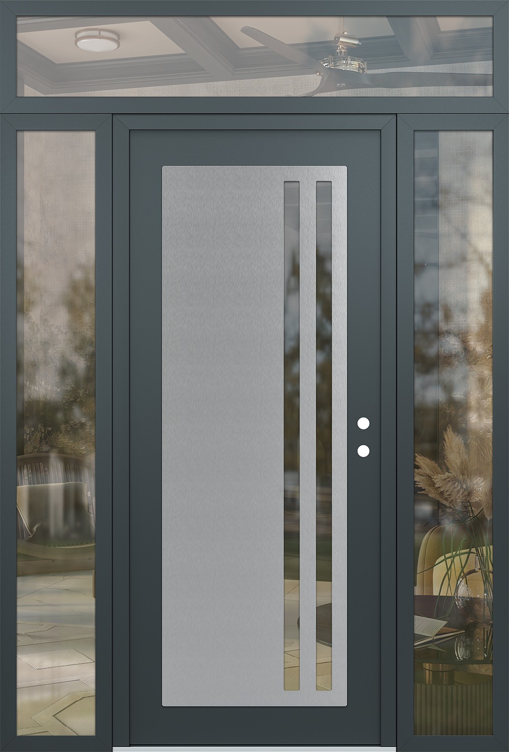 Modern Steel Front Door Diamond C6 64" x 96" anthracite/anthracite clear Glass Panel stainless steel LHI with 2 Sidelites and Transom clear Glass