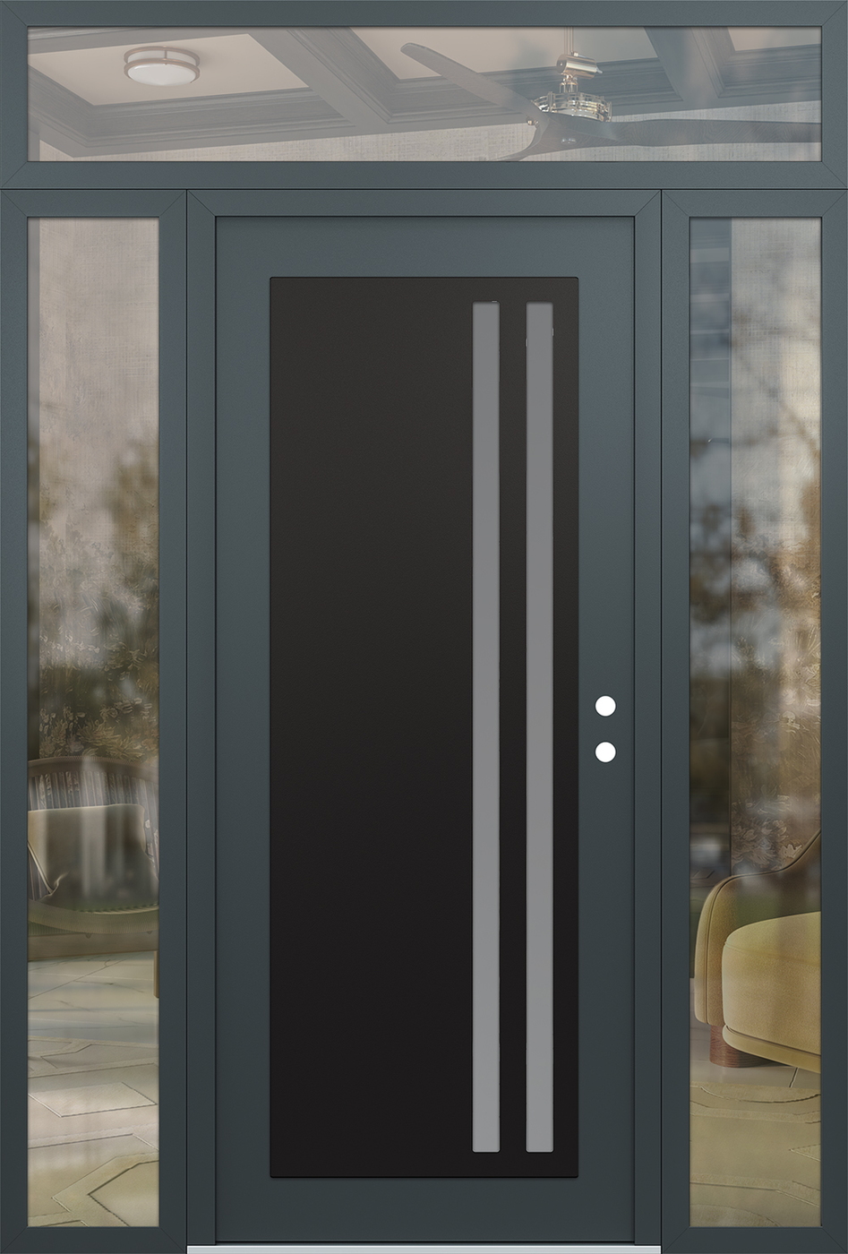 Modern Steel Front Door Diamond C6 64" x 96" anthracite/anthracite frosted Glass Panel black LHI with 2 Sidelites and Transom clear Glass