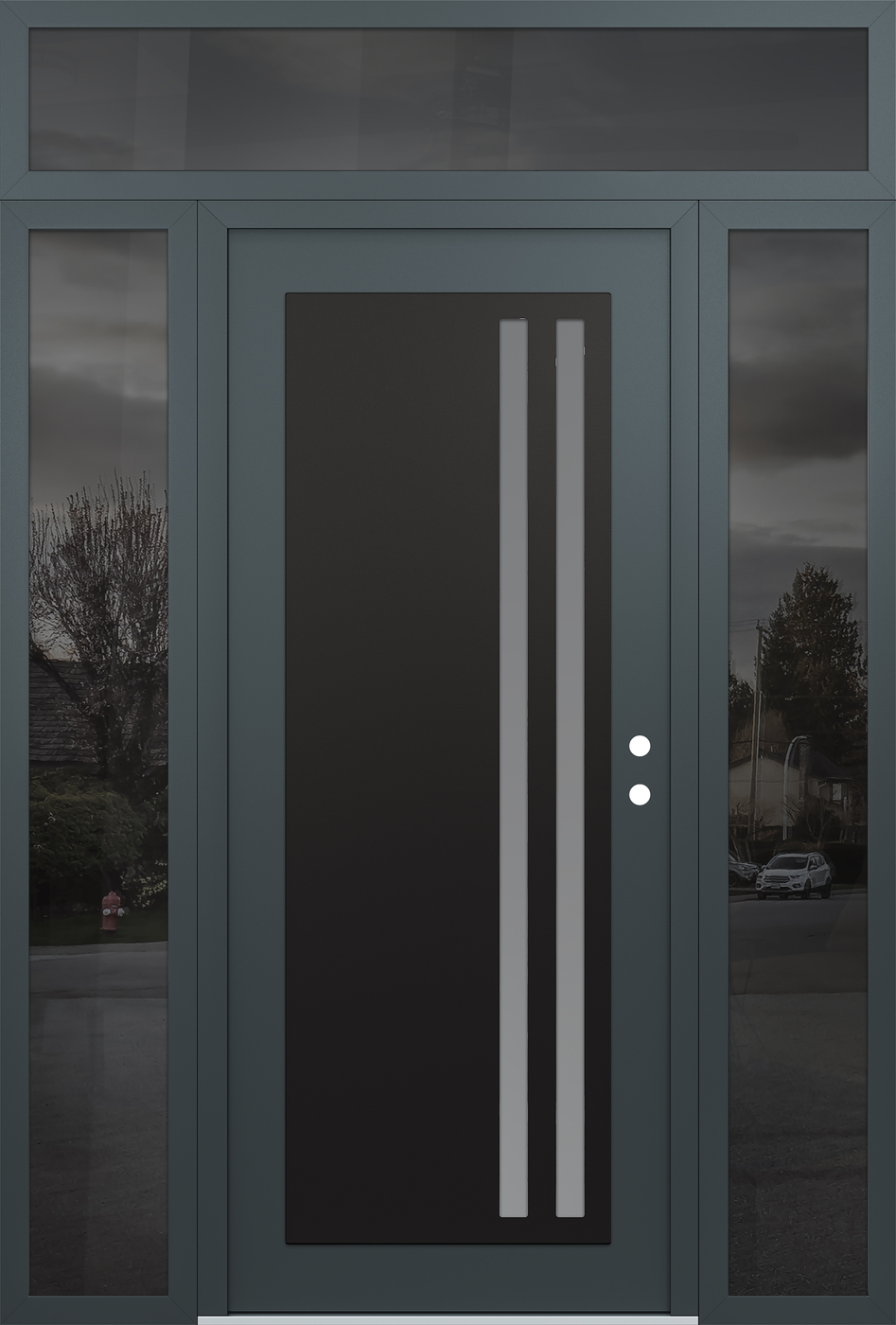 Modern Steel Front Door Diamond C6 64" x 96" anthracite/anthracite frosted Glass Panel black LHI with 2 Sidelites and Transom mirrored Glass