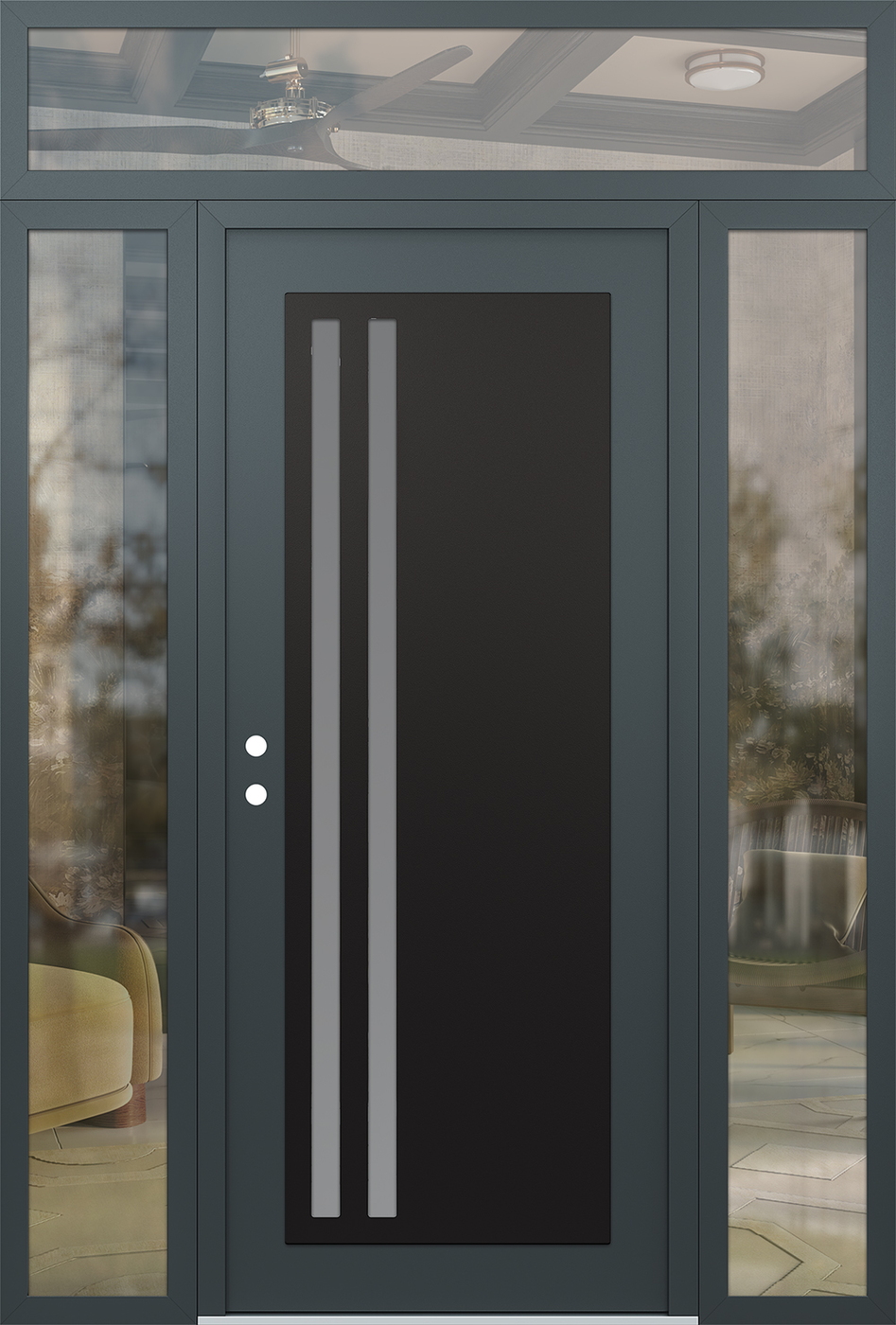 Modern Steel Front Door Diamond C6 64" x 96" anthracite/anthracite frosted Glass Panel black RHI with 2 Sidelites and Transom clear Glass