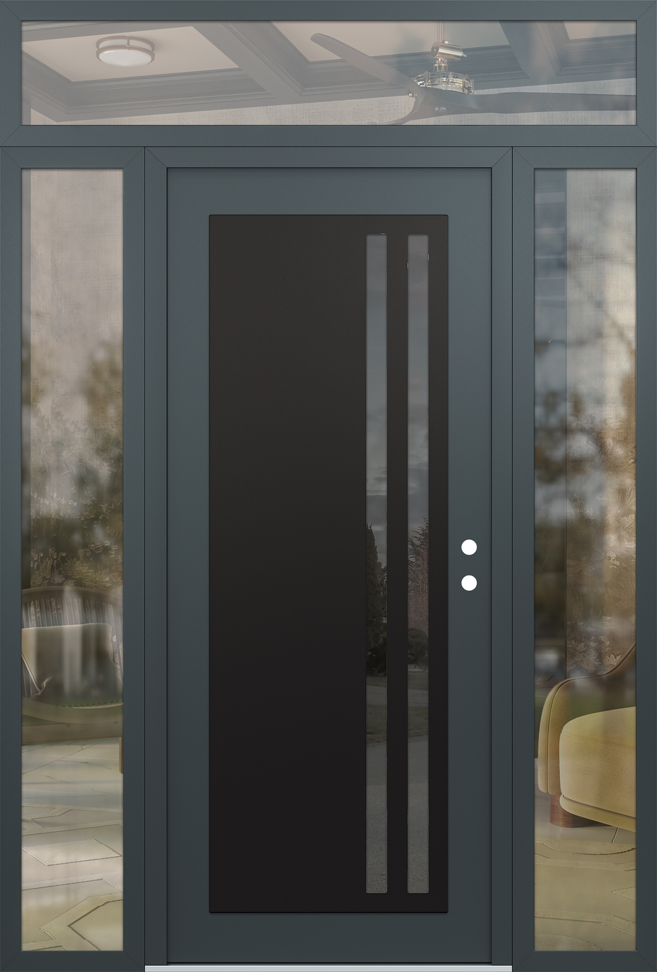 Modern Steel Front Door Diamond C6 64" x 96" anthracite/anthracite mirrored Glass Panel black LHI with 2 Sidelites and Transom clear Glass