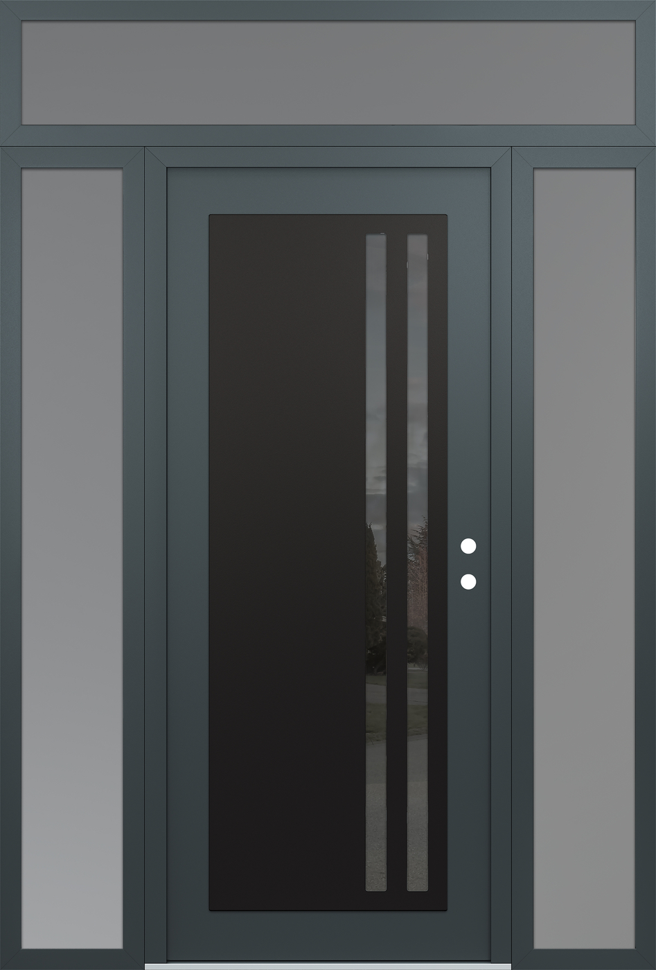 Modern Steel Front Door Diamond C6 64" x 96" anthracite/anthracite mirrored Glass Panel black LHI with 2 Sidelites and Transom frosted Glass