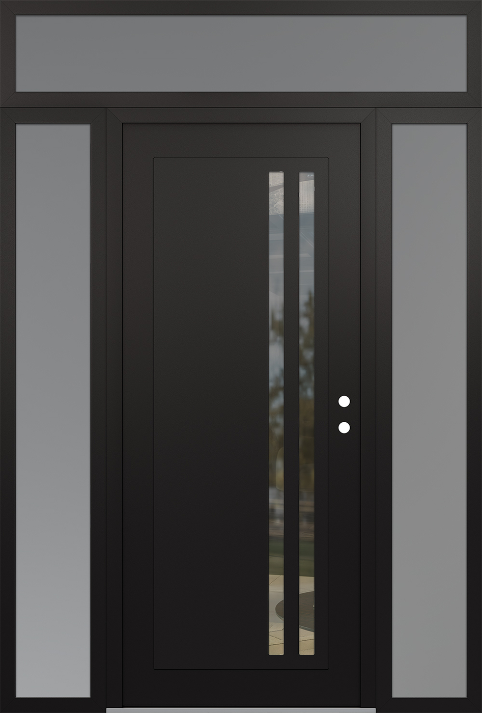 Modern Steel Front Door Diamond C6 64" x 96" black/black clear Glass Panel black LHI with 2 Sidelites and Transom frosted Glass