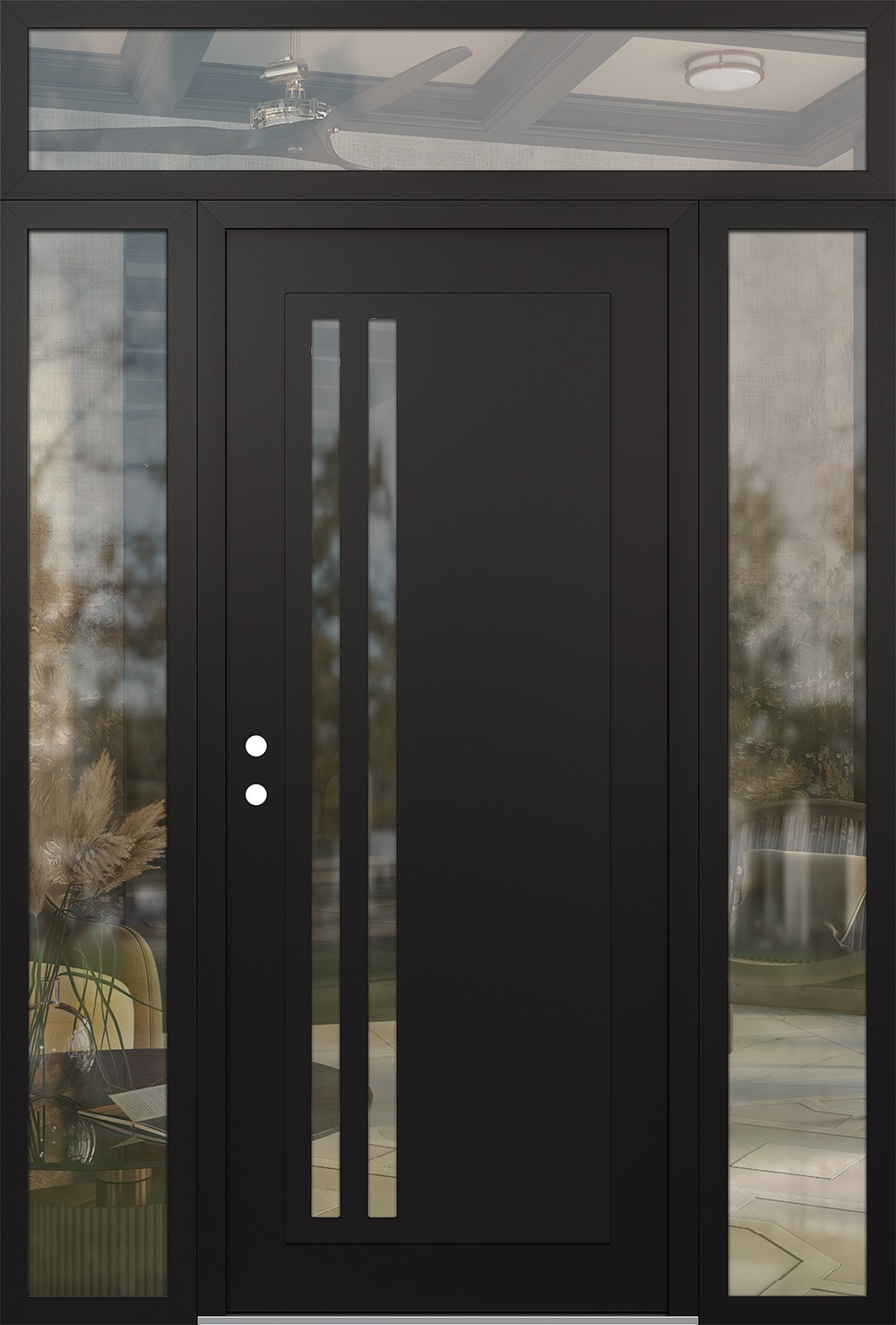 Modern Steel Front Door Diamond C6 64" x 96" black/black clear Glass Panel black RHI with 2 Sidelites and Transom clear Glass