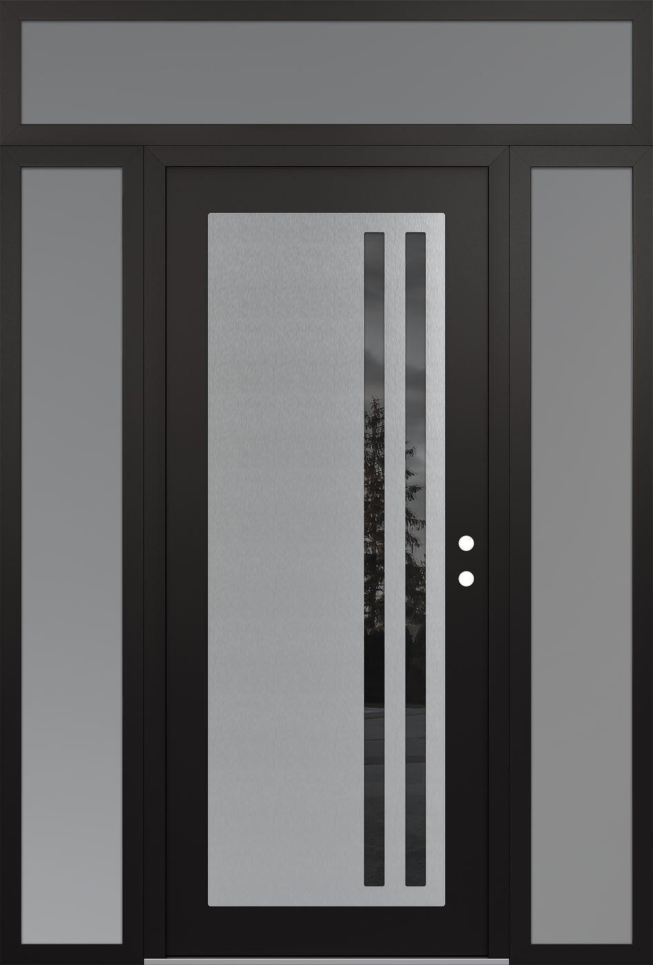 Modern Steel Front Door Diamond C6 64" x 96" black/black mirrored Glass Panel stainless steel LHI with 2 Sidelites and Transom frosted Glass