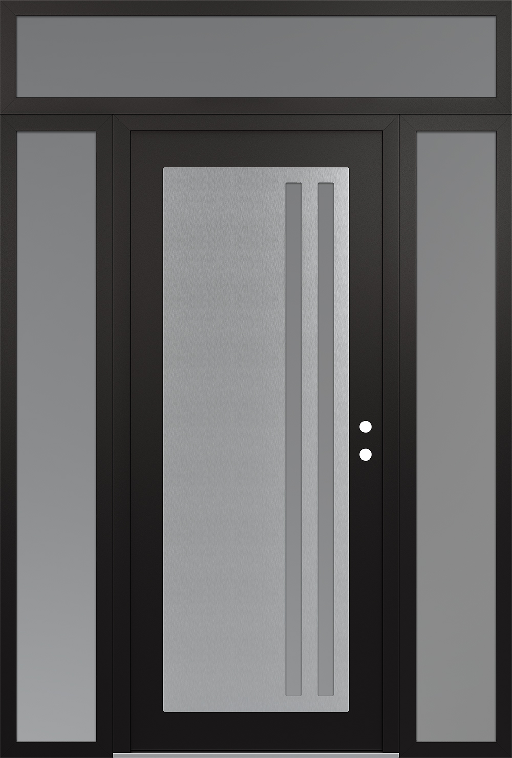 Modern Steel Front Door Diamond C6 64" x 96" black/white frosted Glass Panel stainless steel LHI with 2 Sidelites and Transom frosted Glass