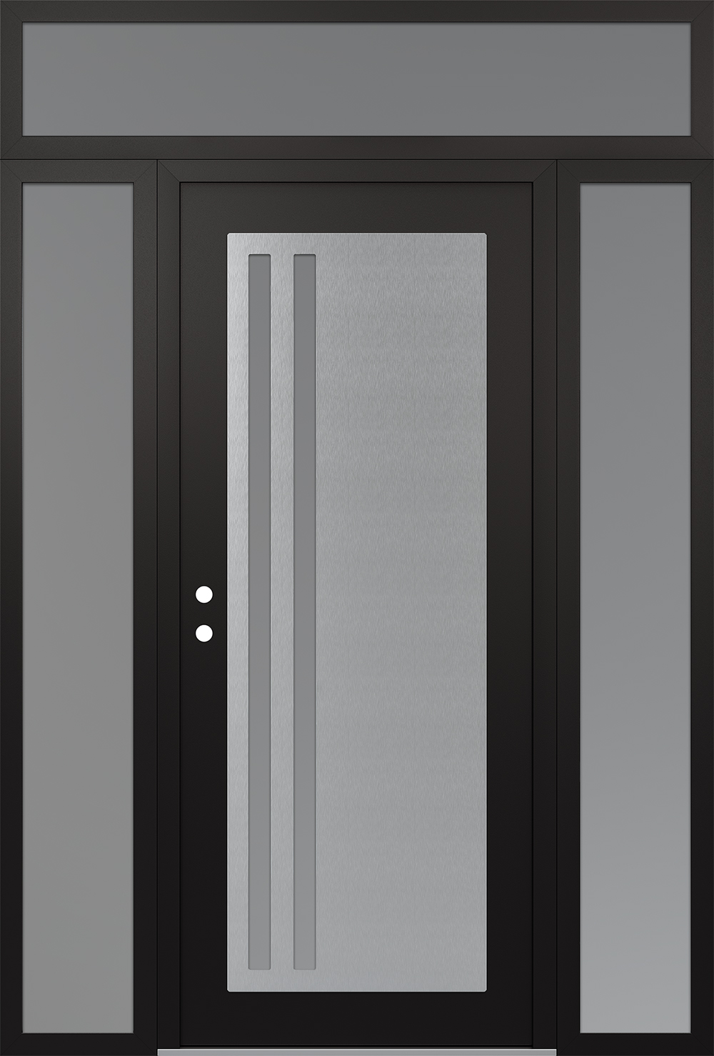 Modern Steel Front Door Diamond C6 64" x 96" black/white frosted Glass Panel stainless steel RHI with 2 Sidelites and Transom frosted Glass